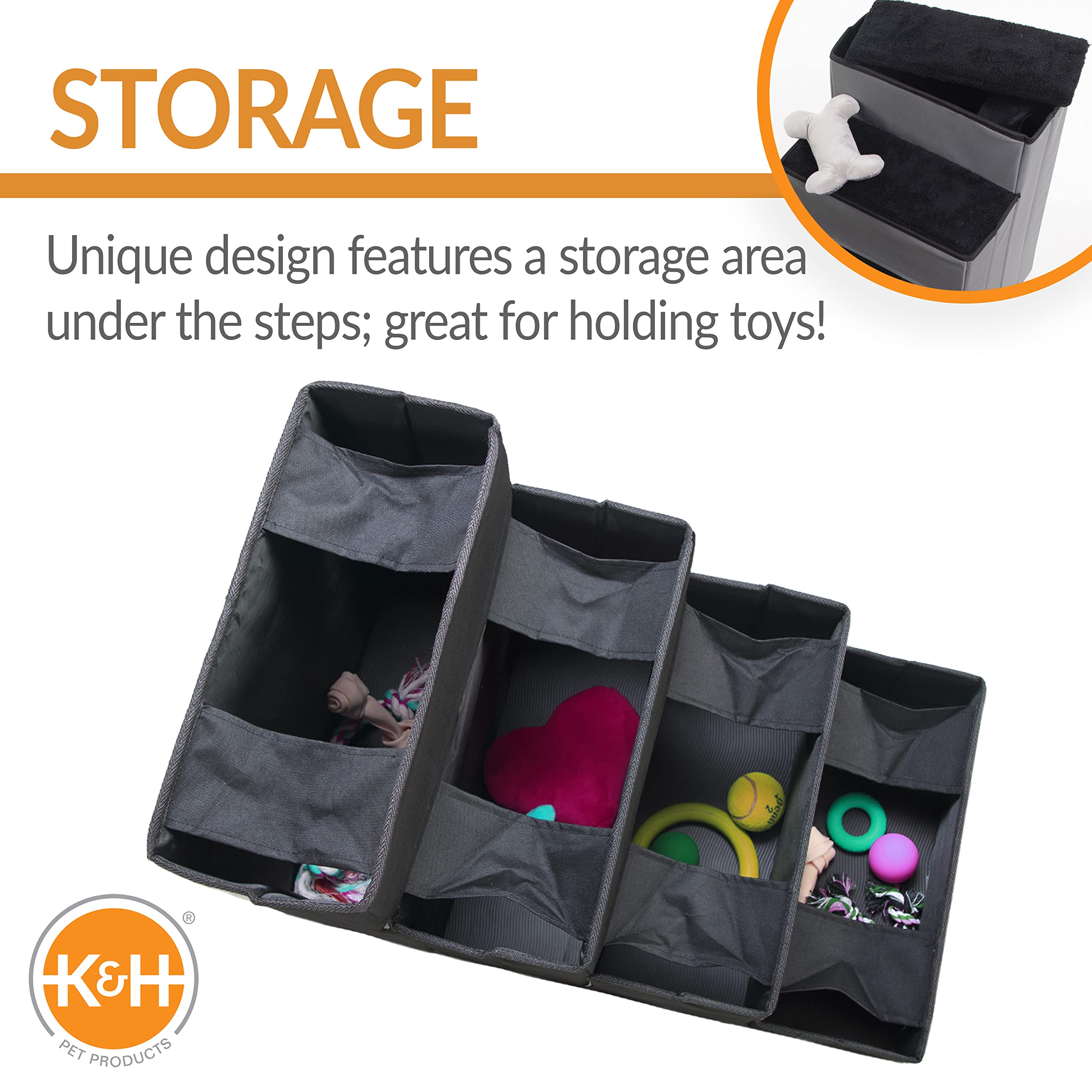 K&H Pet Products 4-Step Pet Stairs with Storage - Gray/Black - Help Small Dogs & Cats Reach Beds & Couches Safely