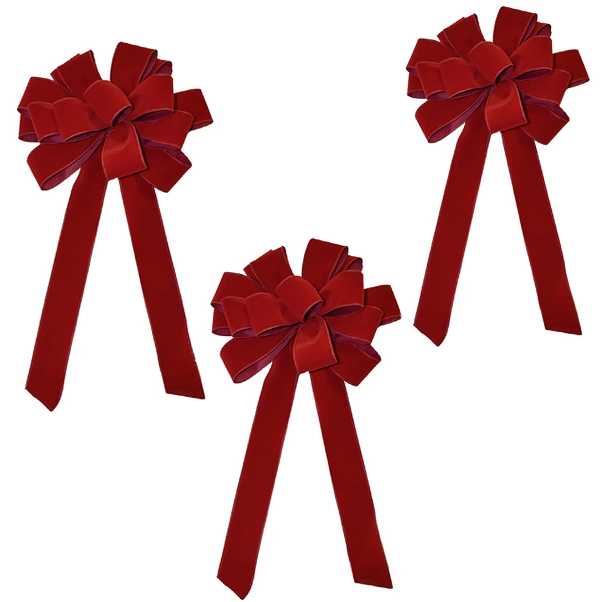 3-Pack Red Velvet Wired Christmas Bows for Tree Decorations, Gift Wrapping, Holiday Party Decor & Home Festive Decorations