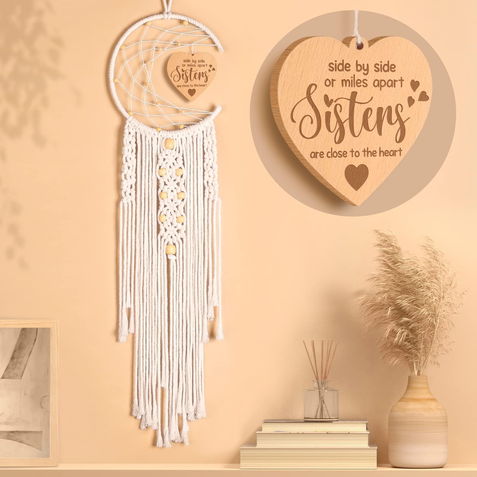 Dream Catcher with Heart Pendant - Boho Wall Decor for Sister, Sister-in-Law & Soul Sister | Perfect Mothers Day, Easter & Birthday Gift for Women | Home Decoration for Bedroom, Living Room & Office