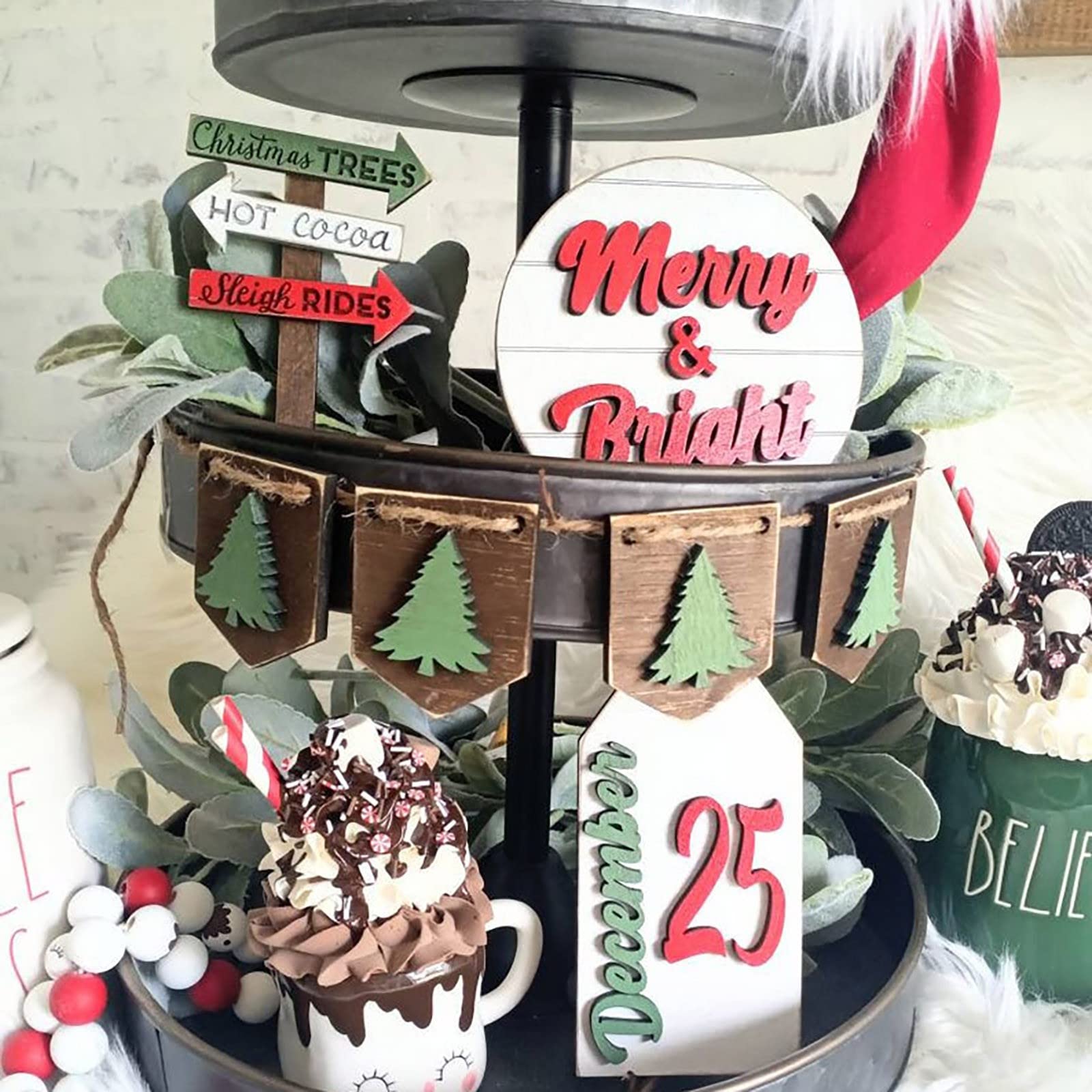 8-Piece Christmas Tiered Tray Decor Set - Rustic Farmhouse Wooden Signs for Holiday Home Decor - Perfect for Kitchen, Dining Table, and Christmas Party Decorations - Festive Winter Holiday Decorating Supplies for Home & Office
