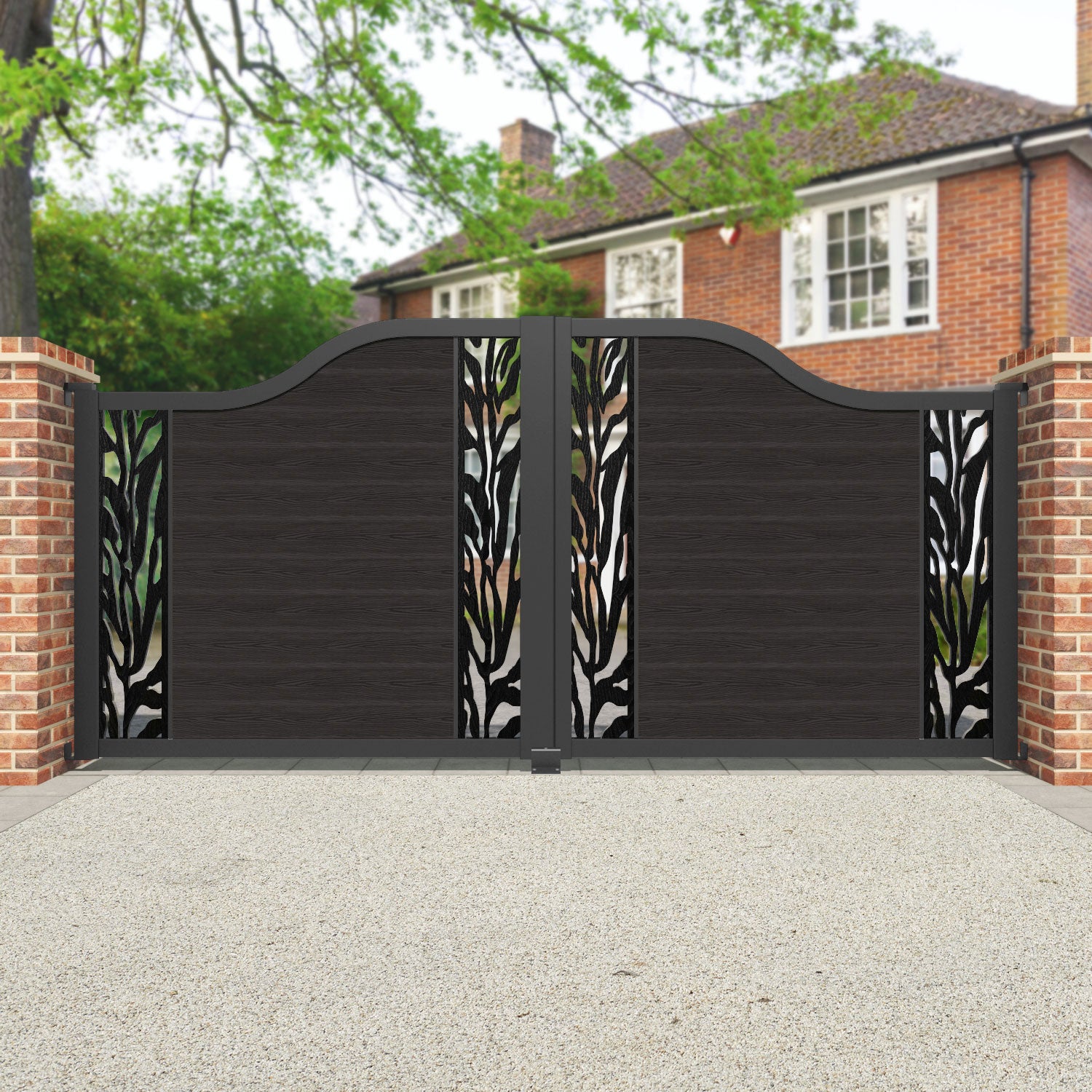 Classic Malawi Curved Top Driveway Gate - Dark Oak Finish with Middle & End Screen | Elegant Entryway Solution for Homes & Estates