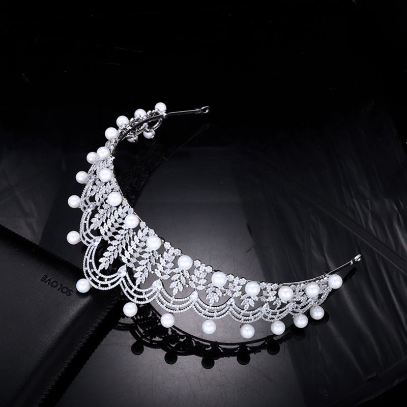 Big Cubic Zirconia Princess Tiara with Pearls - Elegant Bridal Headpiece Accessory for Weddings, Prom & Pageants | TR00168