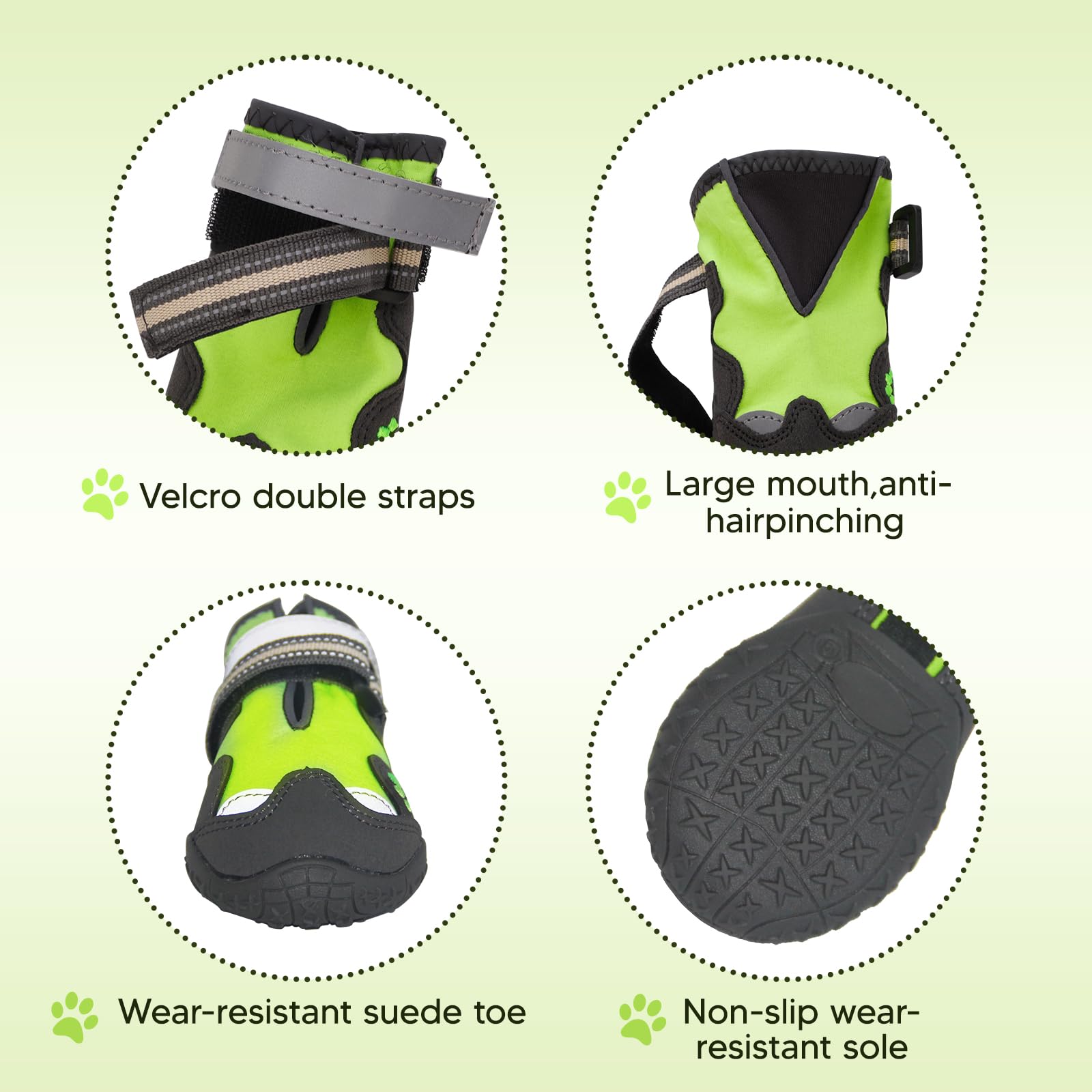 FISHOAKY Anti-Slip Dog Boots for Large Dogs - Waterproof Paw Protectors for Winter Snow & Hot Summer Pavement - 4 Pack Green Dog Shoes Size 8 - Perfect for Hiking, Walking & Outdoor Adventures