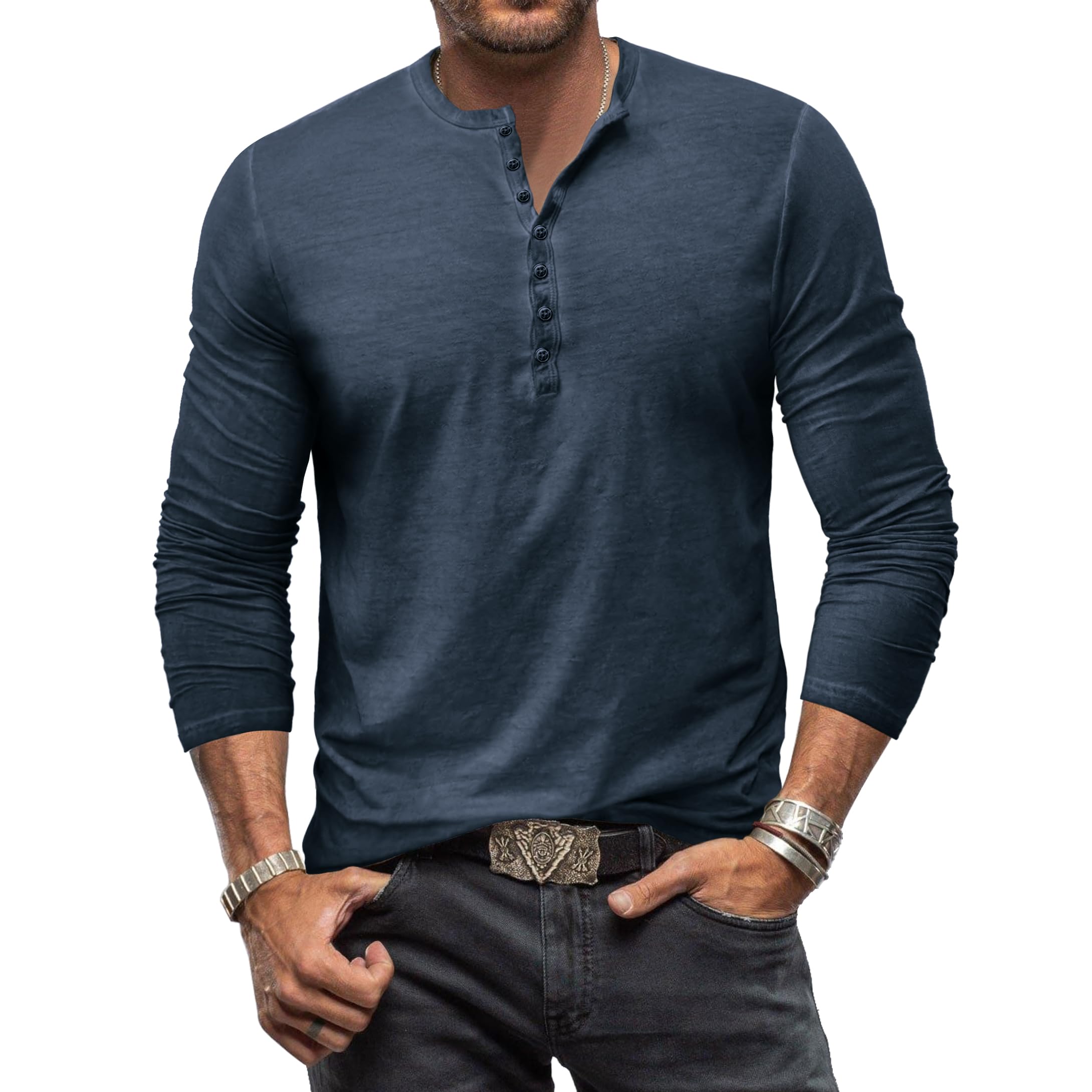 Vintage Men's Henley Shirts Long Sleeve Cotton Button-Up T-Shirts - Casual & Comfortable Top for Everyday Wear, Outdoor Activities, and Date Nights