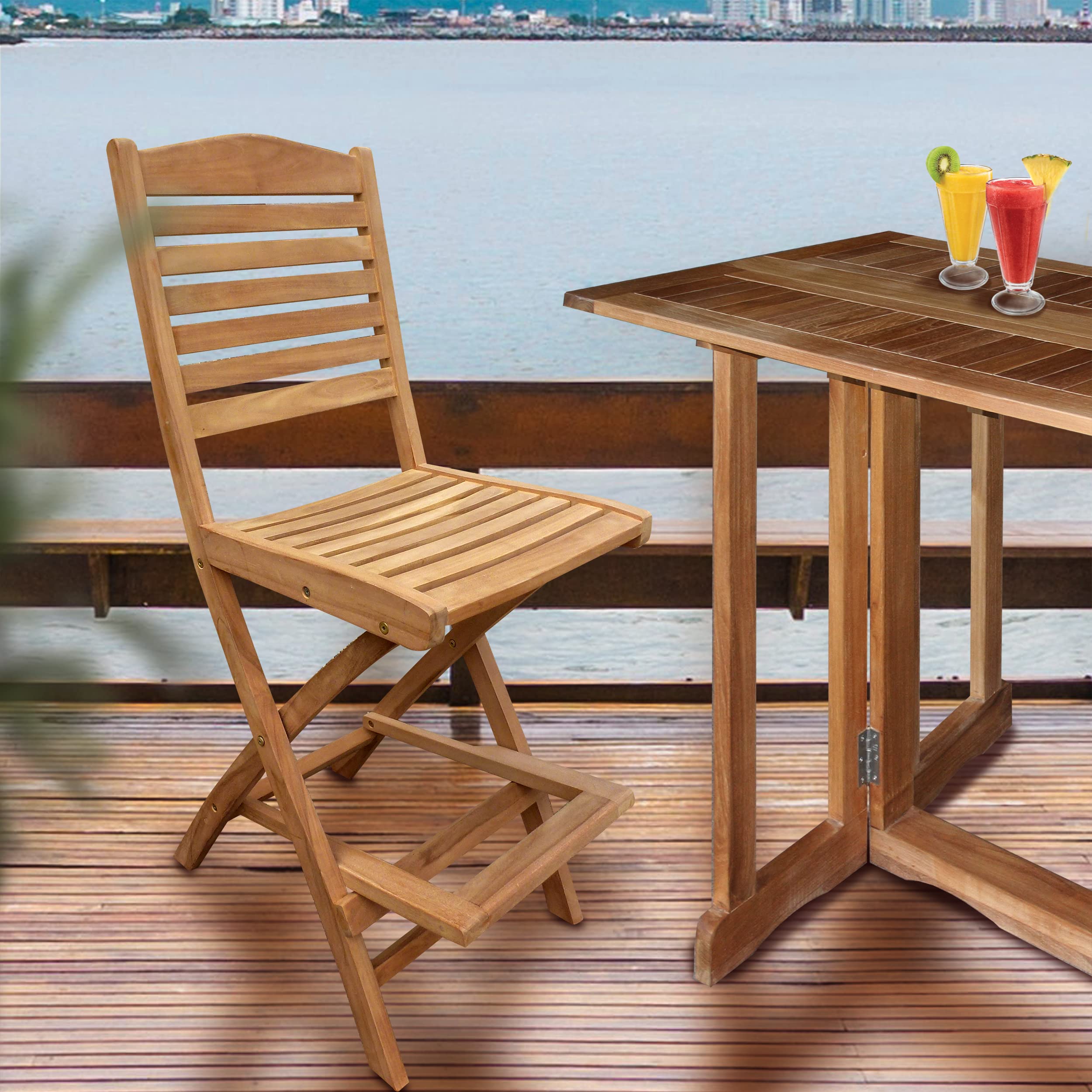 Premium Solid Teak Wood Folding Bar Stool - Seven Seas Oceanview Outdoor Patio Furniture for Beach Houses, Poolside Lounging & Backyard Entertaining