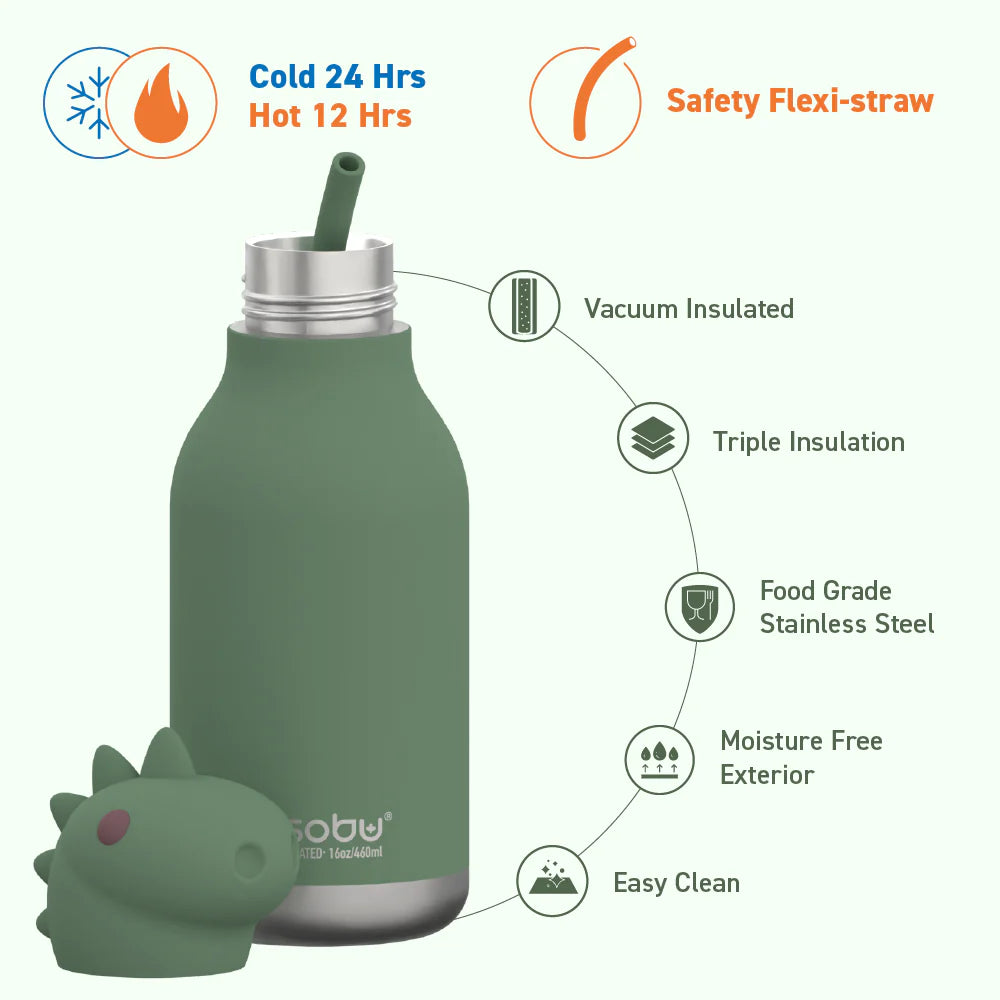 Dinosaur Bestie Water Bottle - Cute Insulated Stainless Steel Tumbler for Kids, School, Outdoor & Travel - BPA-Free Leak Proof Design
