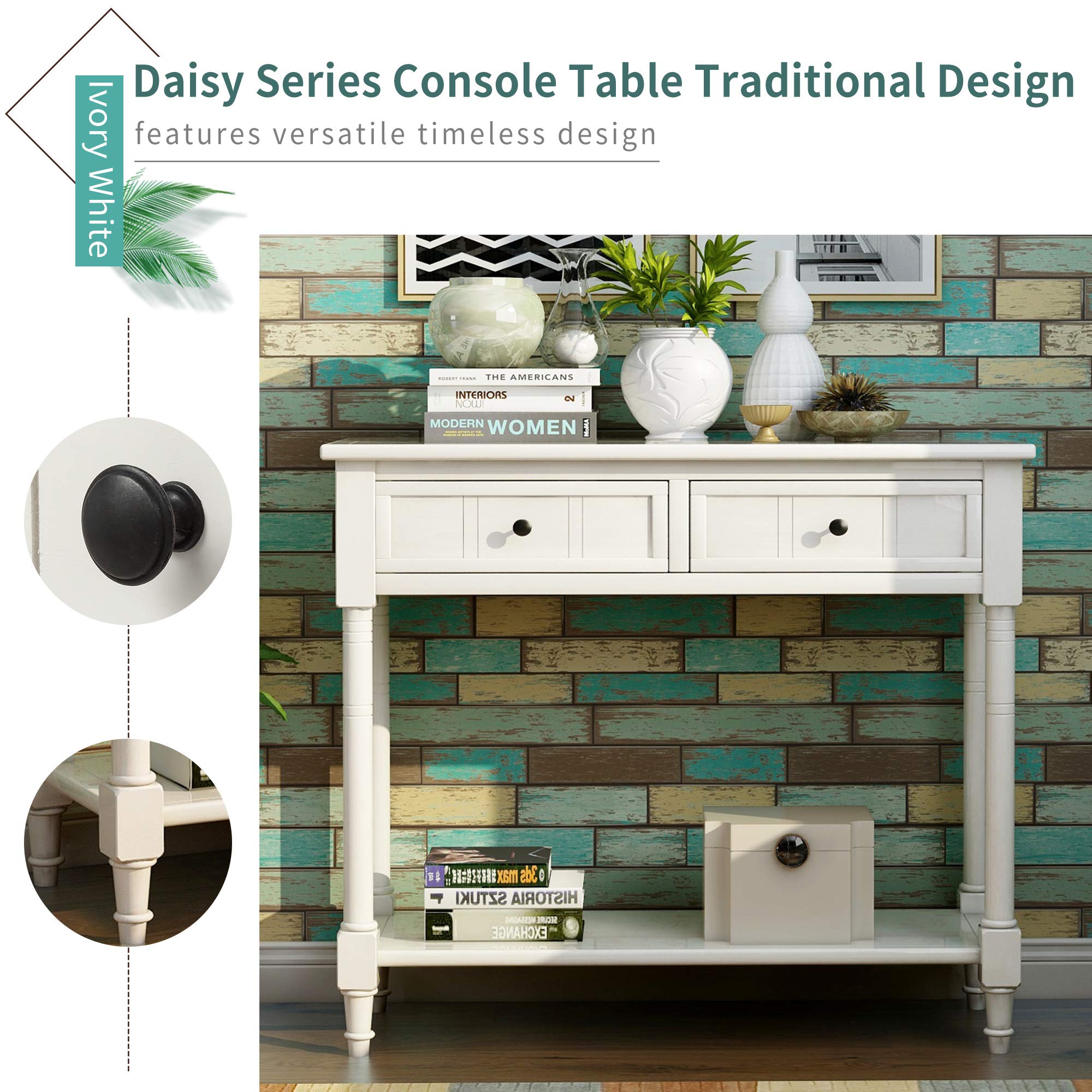 HOUAGI Narrow Console Table with 2 Drawers & Bottom Shelf - Daisy Series Sofa Table for Entryway, Hallway & Living Room - Easy Assembly Ivory Wooden Hall Table - Perfect for Small Spaces, Apartment Decor & Home Organization