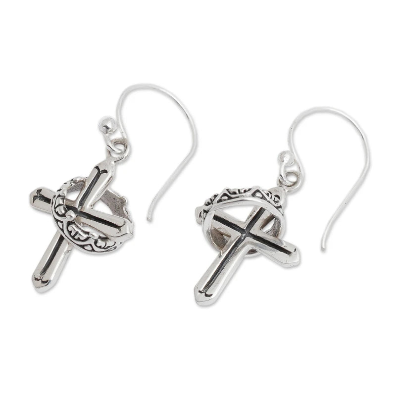 Sterling Silver Cross and Crown Earrings for Women - Religious Jewelry Gift for Baptism, Confirmation & Church Events