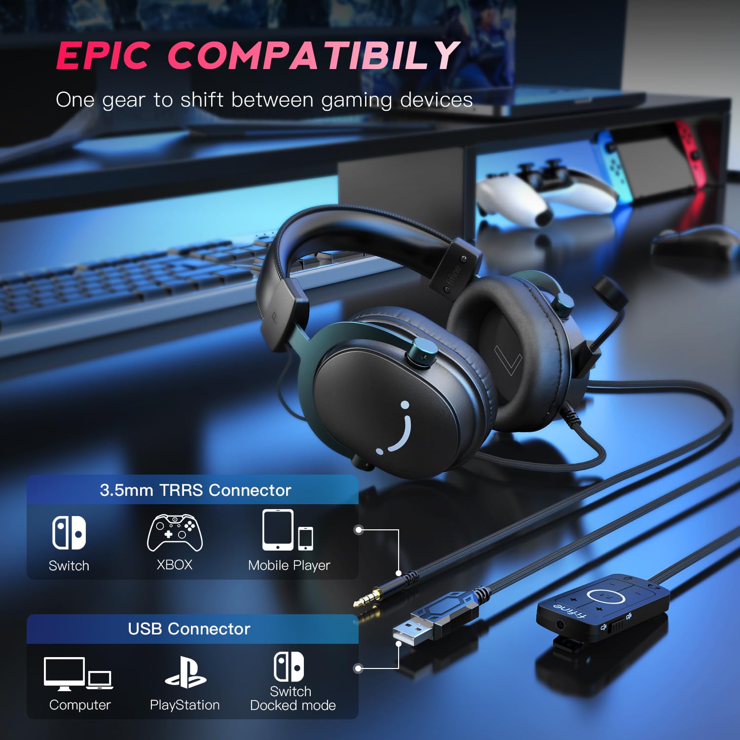 FIFINE PC Gaming Headset with 7.1 Surround Sound - USB & 3.5mm Wired Headphones with Detachable Mic & Control Box - Compatible with PS5, Xbox, Switch (Black-AmpliGame H9) - Perfect for Competitive Gaming, Streaming & Online Chat