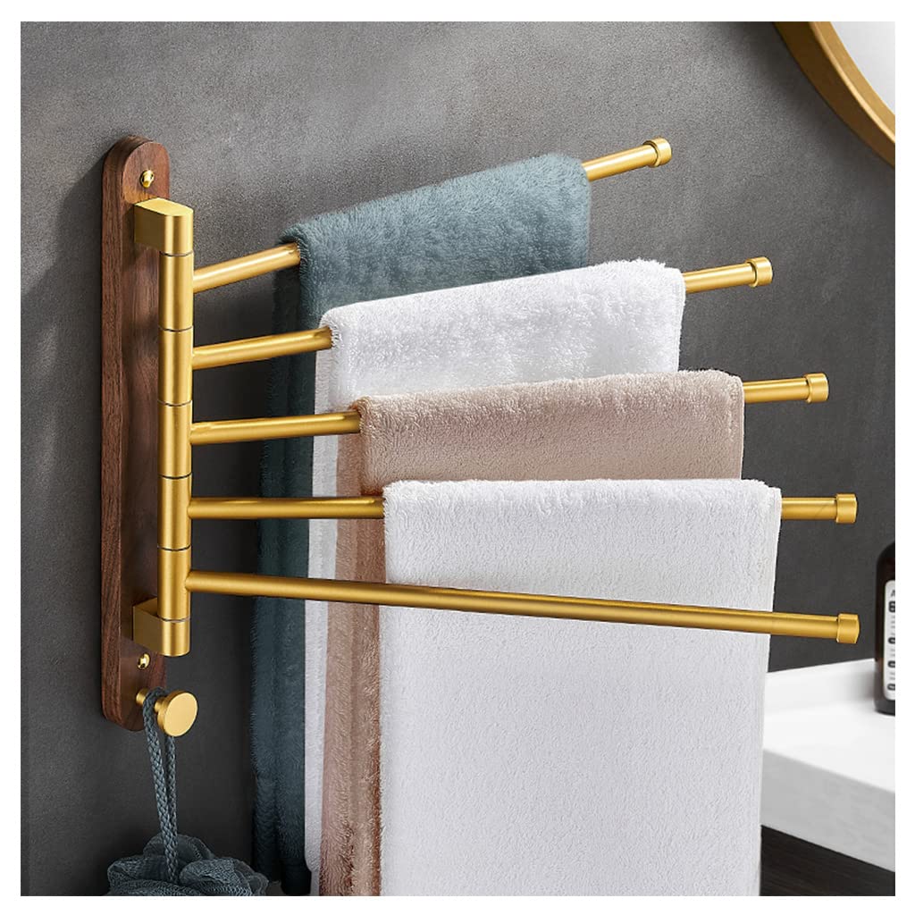 Premium Walnut Wood Swing-Out Towel Bar with Gold Finish - Modern Folding Arm Swivel Hanger for Bathroom & Kitchen Storage - Wall Mounted Towel Rack Organizer (5 Bars) - Perfect for Small Spaces & Spa-Style Bathrooms