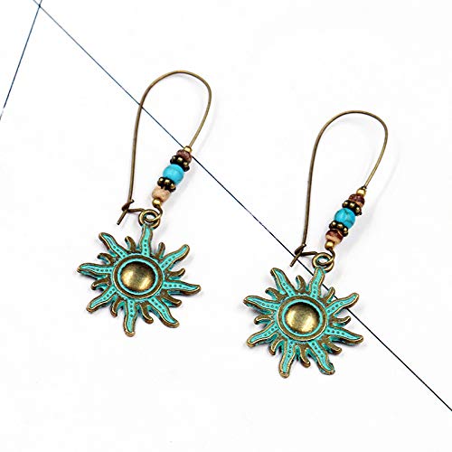 Vintage Bronze Ethnic Teal Green Sunflower Hamsa Hand Pendant Earrings for Women - Long Tassel Dangle Drop Earrings with Feather Rose Flower Design | Perfect for Boho Fashion, Festivals & Special Occasions