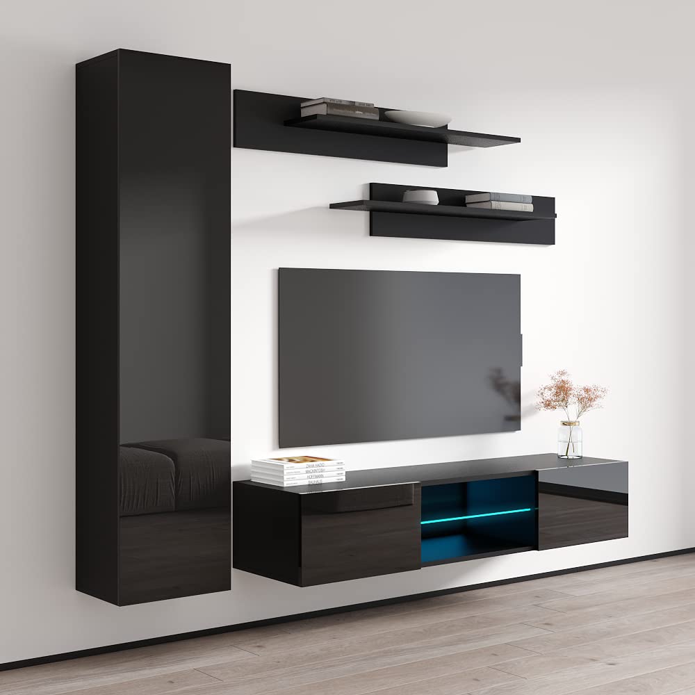 Modern Floating TV Stand with Storage & LED Lights - Wall-Mounted Entertainment Center for Bedroom & Living Room - 33 Inch TV Console with Shelves - Black - Perfect for Small Spaces & Home Theater Setup