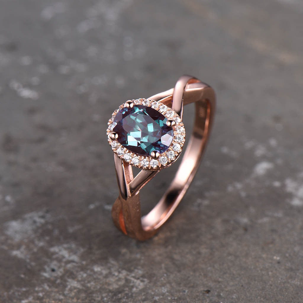 14K/18K Oval Lab Alexandrite Engagement Ring with Infinity Diamond Halo & Criss Cross Design - Perfect for Proposals, Anniversaries & Special Occasions