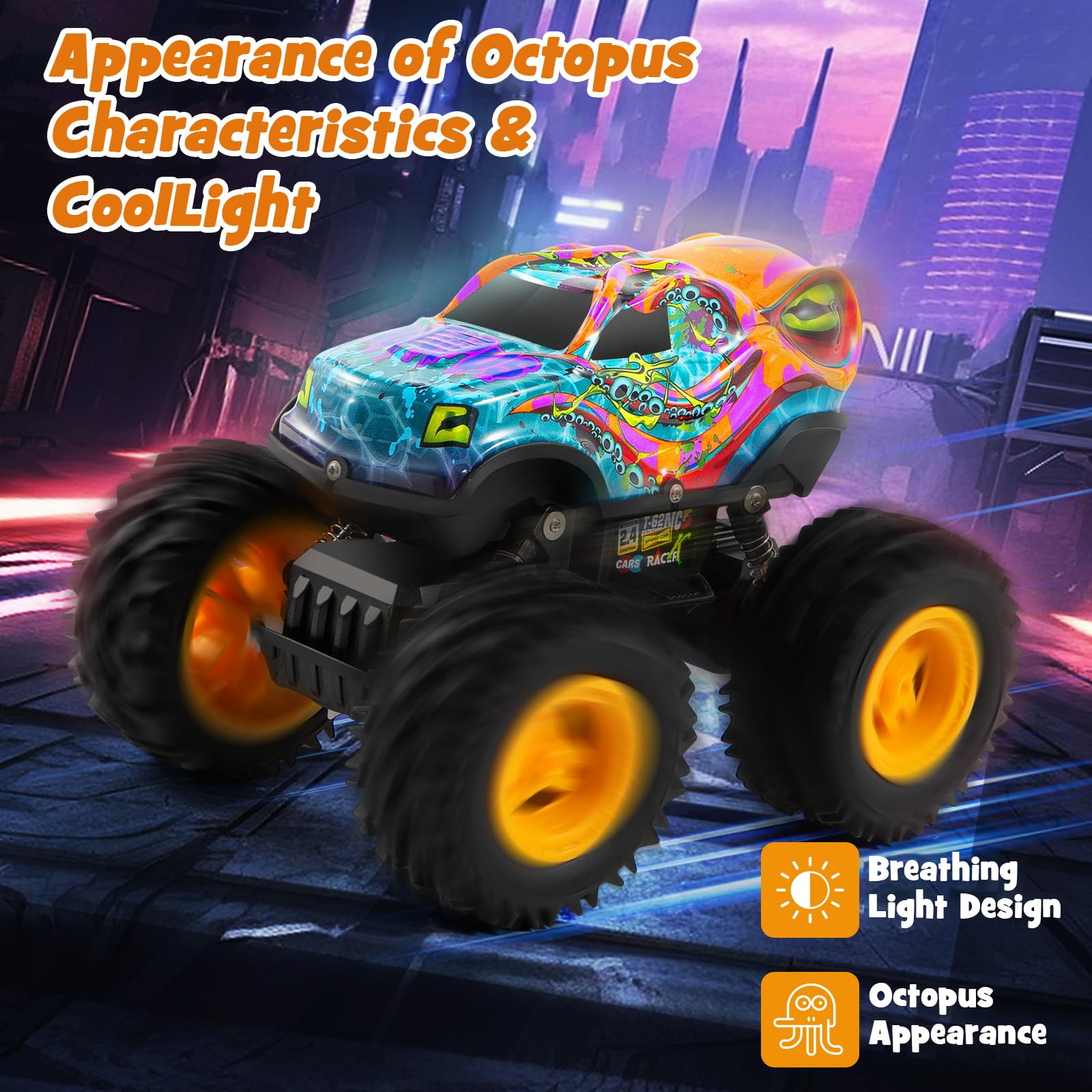 Rechargeable Remote Control Monster Truck with LED Lights - All Terrain RC Car for Boys & Kids - Perfect for Outdoor Play, Racing, and Backyard Adventures