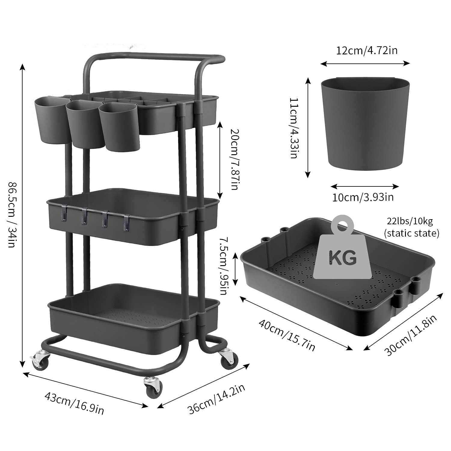 ALVOROG 3-Tier Rolling Utility Cart with Wheels & Hanging Cups - Mobile Storage Organizer for Kitchen, Office, Coffee Bar - Multifunctional Service Cart (Black) - Perfect for Home Organization, Commercial Use & Small Space Storage Solutions