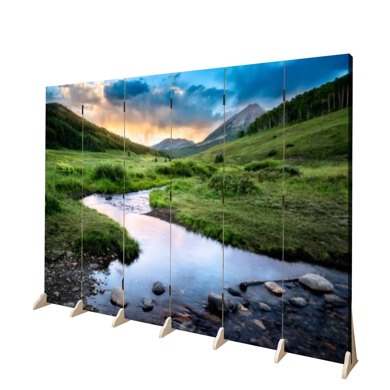 Wooden Folding Room Divider - 6 Panel Canvas Privacy Screen with Dual-Sided Design for Home Office, Bedroom Partition & Indoor Display Shelves | Perfect for Creating Private Spaces in Living Rooms, Studios, and Workspaces