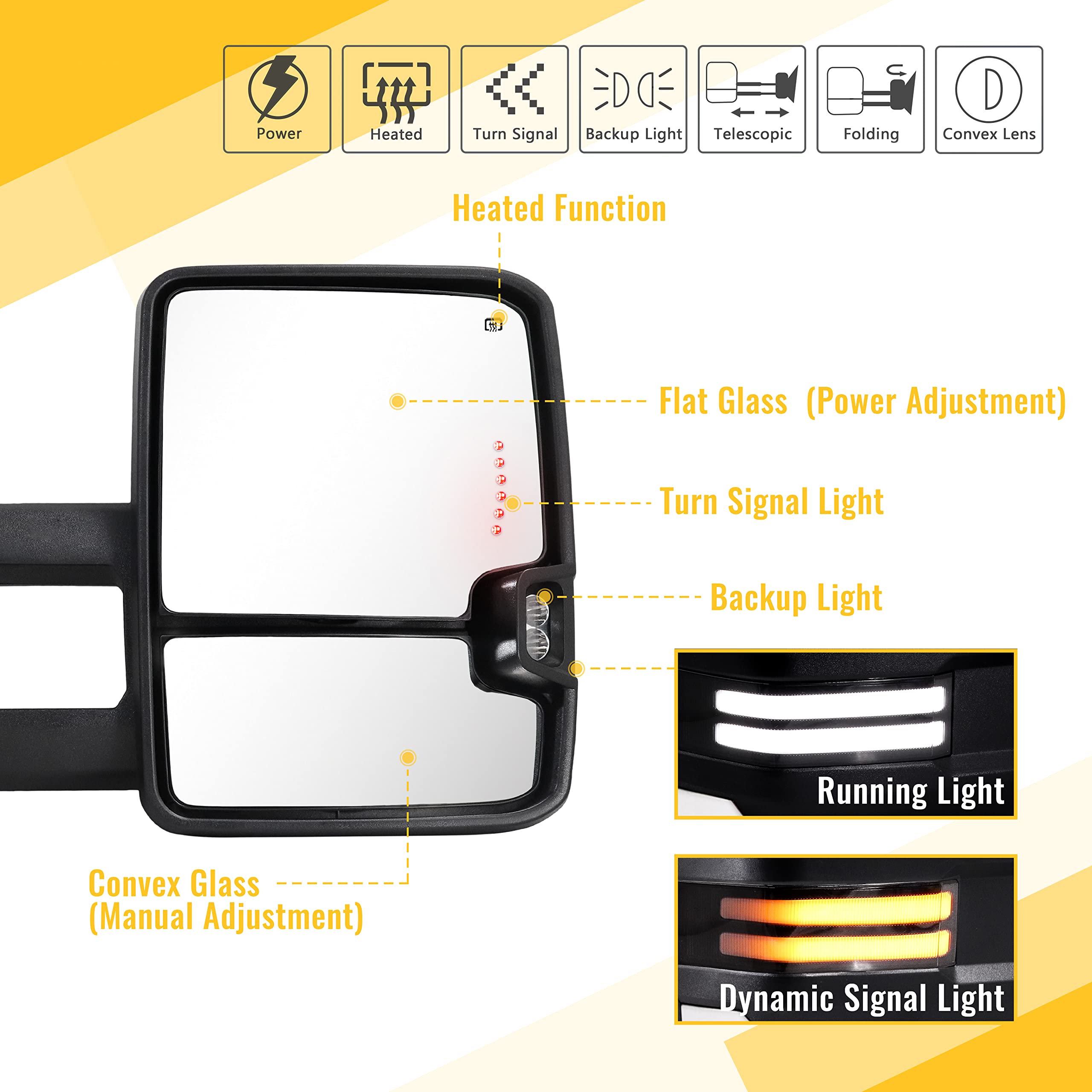 Sanooer Painted White Towing Mirrors with Switchback Dynamic Turn Signal Lights - Compatible with 2007-2013 Chevy Silverado, Suburban, Tahoe & GMC Sierra, Yukon - Power Adjustable, Heated Glass, Running Lights & Backup Lamps - Perfect for Towing, Off-Roading & Night Driving