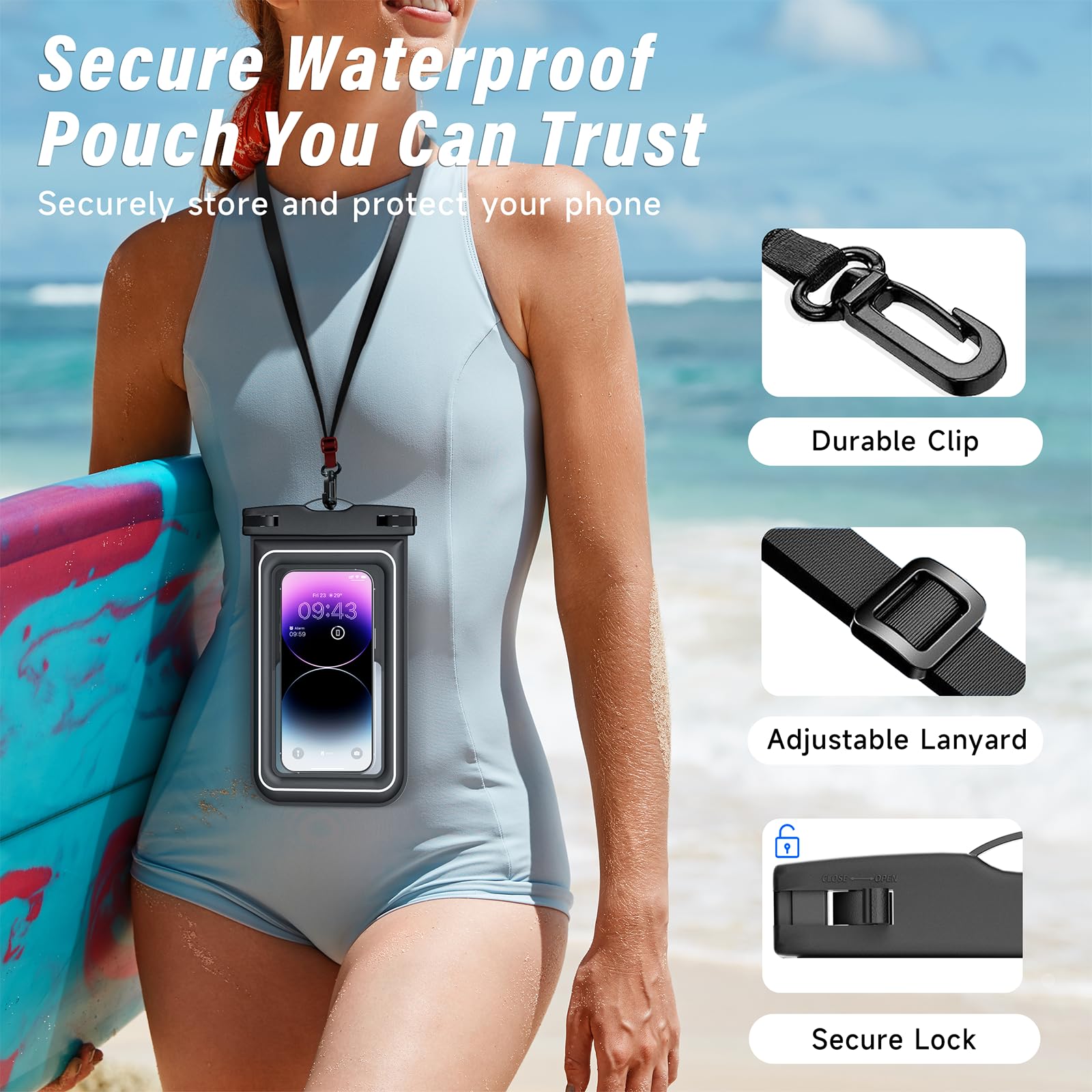 Waterproof Phone Pouch 2 Pack - IP68 Floating Dry Bag Case for iPhone 16 Pro Max/15 Pro & Galaxy S24/S23 with Adjustable Lanyard (Black & White) - Perfect for Beach, Swimming, Cruise, Kayaking and Water Sports
