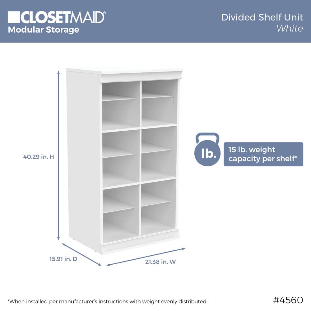 ClosetMaid 12-Shelf Modular Wood Closet Organizer - Adjustable Shelves with Dividers, Stackable Design, Full Backer & Decorative Trim in White | Perfect for Bedroom, Closet & Home Storage Organization