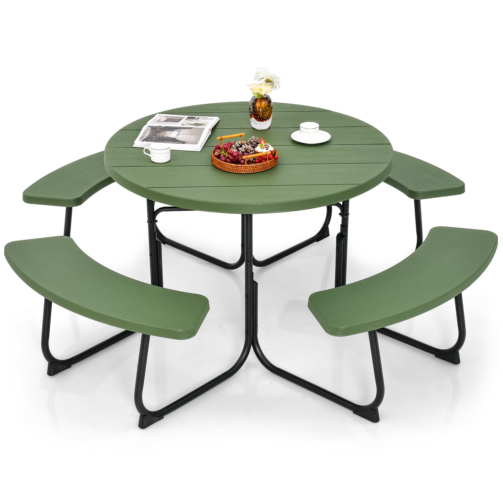 Giantex 8-Person Round Outdoor Picnic Table Set with Umbrella Hole - HDPE Top & Sturdy Metal Frame, 2000LBS Capacity - Patio, Deck, Backyard, Garden Furniture (Green) | Perfect for Family Gatherings, BBQs, and Outdoor Dining