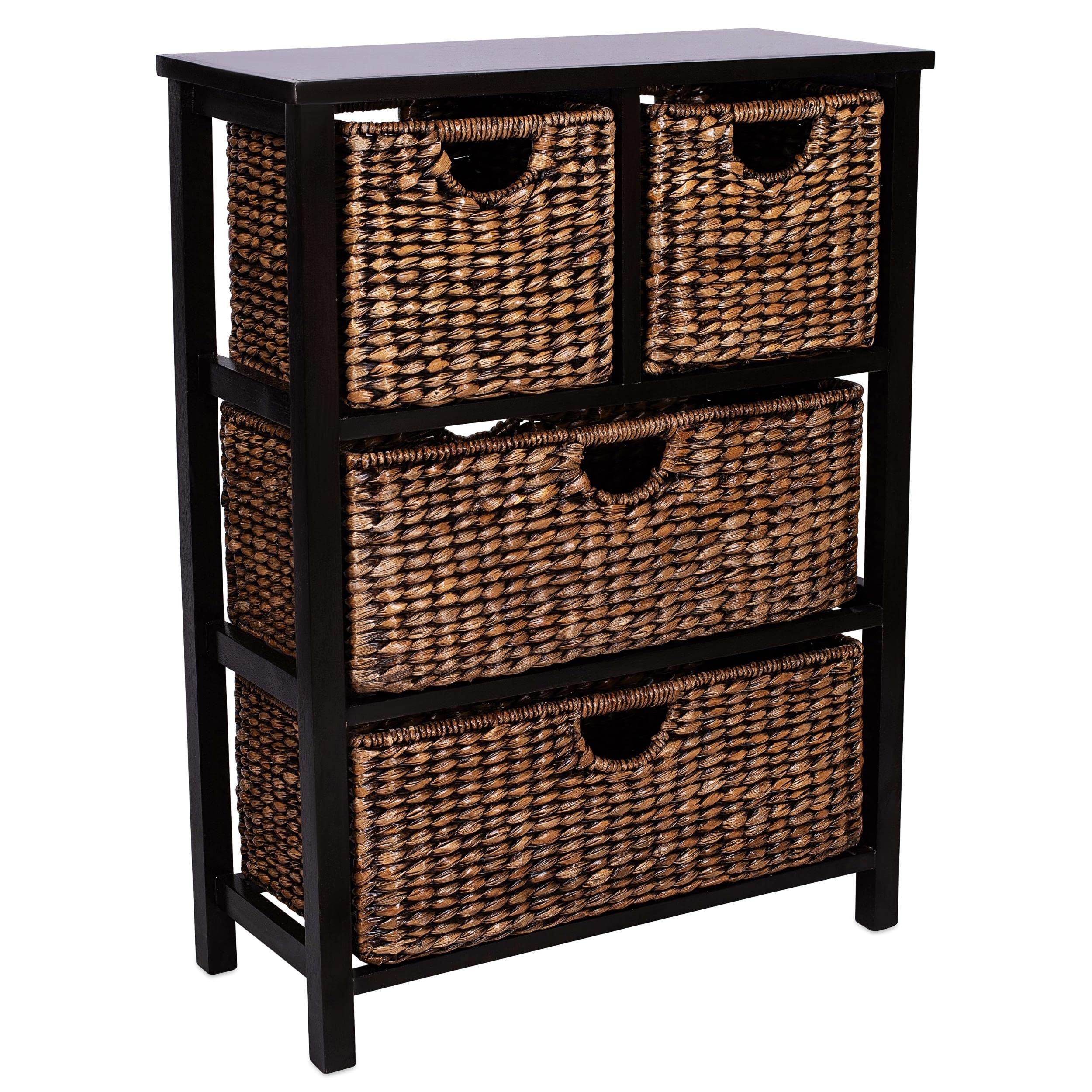 BIRDROCK HOME 4-Drawer Seagrass Storage Dresser - Natural Wood Cubby Organizer with Brown Wash Finish | Perfect for Bedroom, Nursery, or Entryway Organization