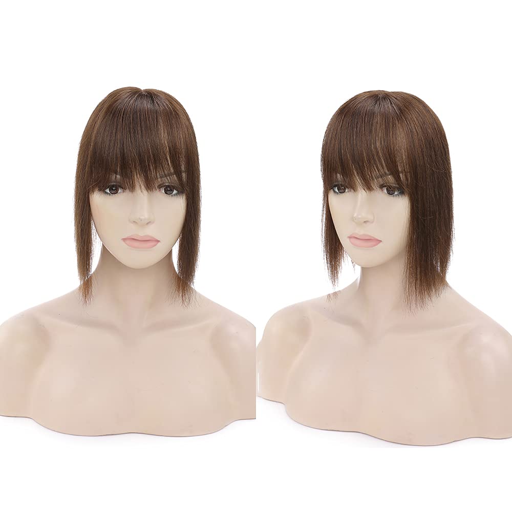 MY-LADY 150% Density Human Hair Toppers With Bangs - 18 Inch Medium Brown Silk Base Clip-in Hairpiece for Women with Thinning Hair & Hair Loss - Perfect for Daily Wear, Special Occasions & Styling