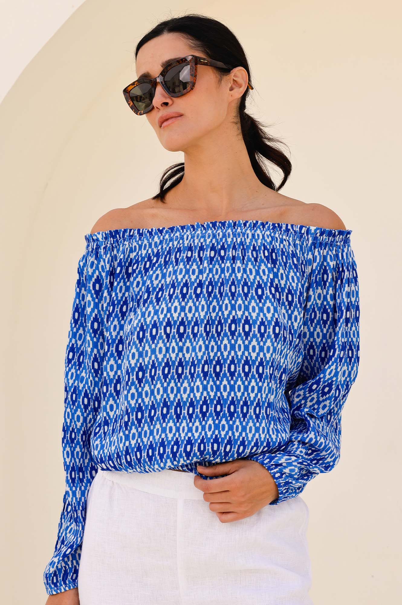 Ilana Long Sleeve Frill Top Women's Blouse - Aztec Blue & White Boho Chic Shirt for Casual Wear, Date Night & Office Outfits