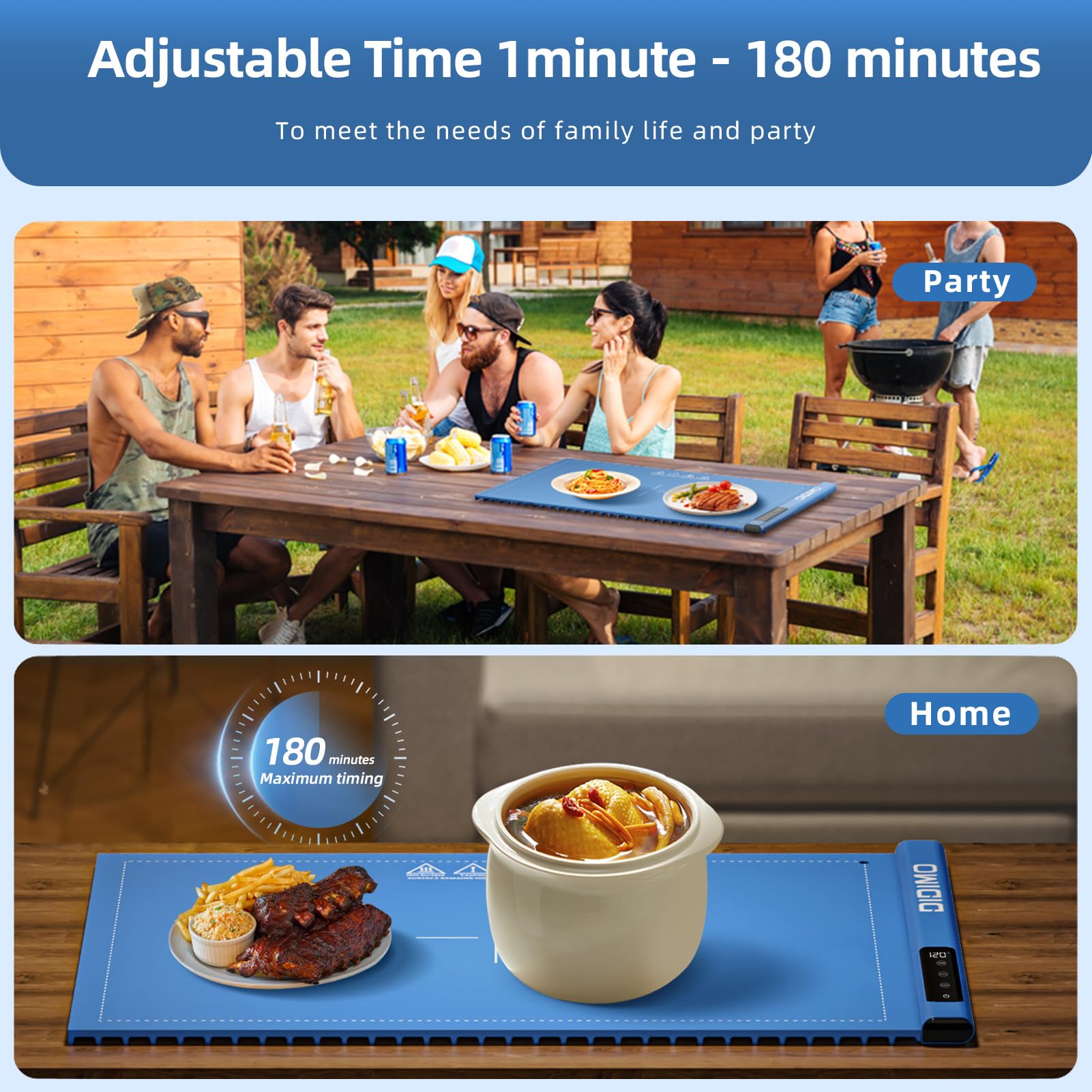 Premium Electric Warming Tray for Food - 17 Adjustable Temperature Settings & Timer, Rollable Portable Silicone Heating Mat with Auto Shut-Off & Lock - Perfect for Buffets, Parties, Catering & Home Dining (Blue)