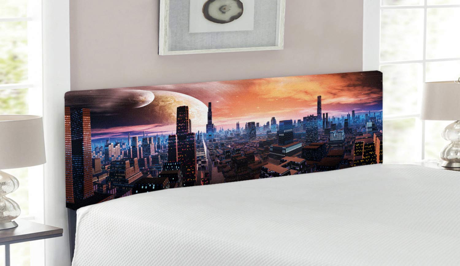 Ambesonne Futuristic Cityscape Headboard - Sci-Fi Inspired Distant World Design with Planets in Sky, Upholstered Decorative Metal Bed Headboard with Memory Foam, Queen Size, Orange Blue Cinnamon - Perfect for Modern Bedroom Decor & Sci-Fi Theme Rooms