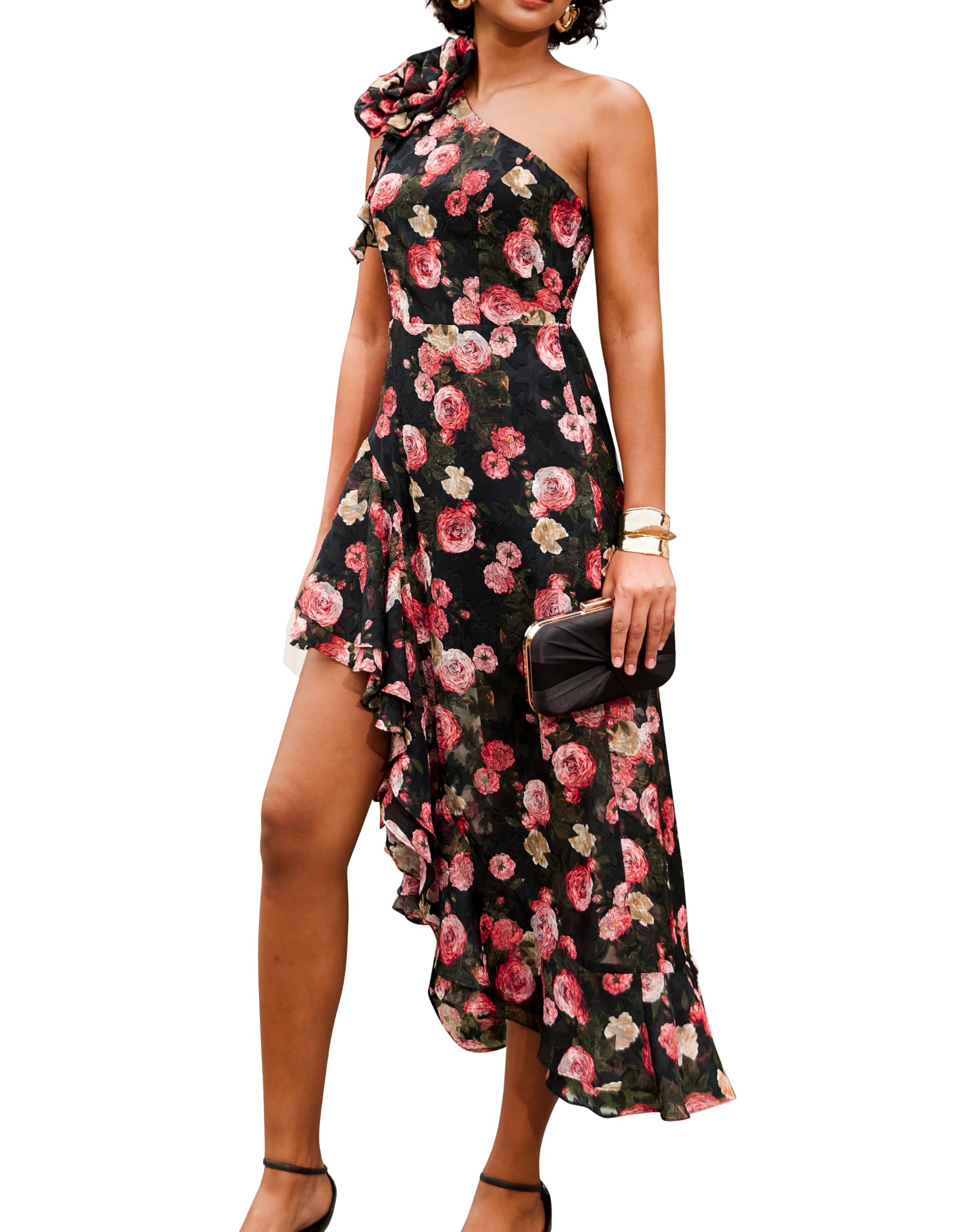 GRACE KARIN Women's Floral One Shoulder Sleeveless Ruffle Maxi Dress - Summer Wedding Guest Dress, Beach Cover Up, Vacation Sundress for Parties & Special Occasions