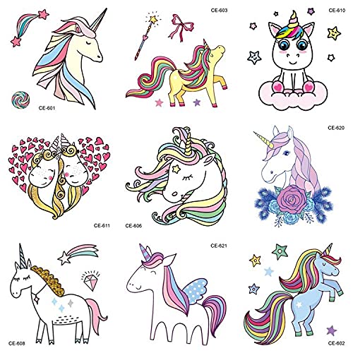 Geekmonkey 6-Pack Waterproof Unicorn Face Tattoo Stickers for Kids - Cartoon Temporary Tattoos for Parties, Festivals & Costume Events (Set of 6)