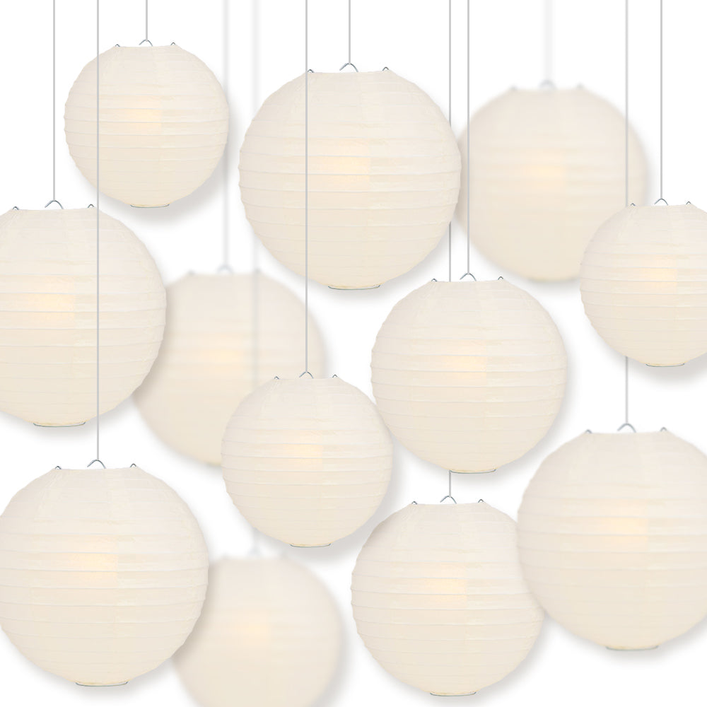 12-Piece Beige/Ivory Chinese Paper Lantern Set - 12/10/8 Inch Hanging Wedding & Party Decorations - Perfect for Asian-Themed Events, Home Decor, and Festival Celebrations