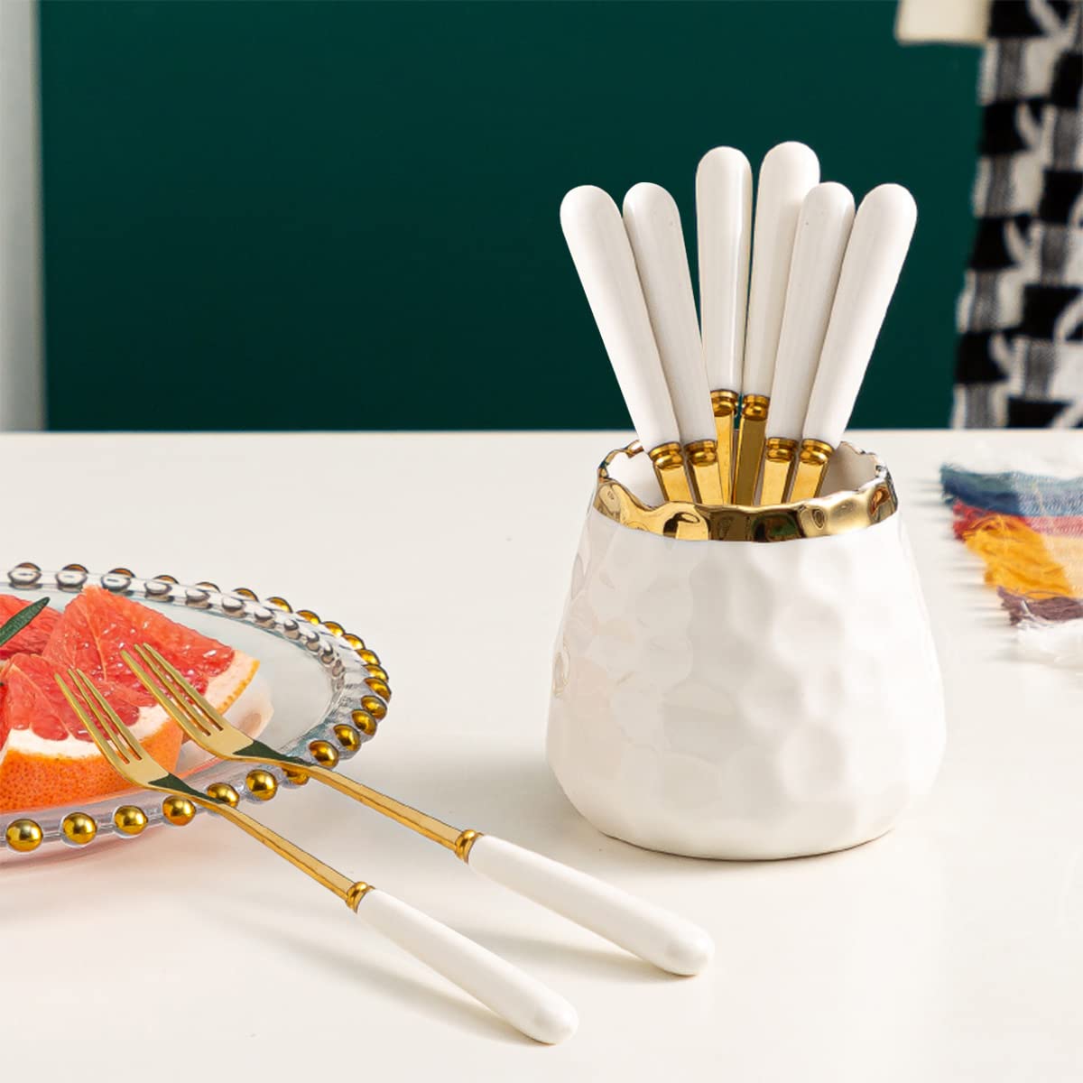 8-Pack Gold Dessert Forks - Stainless Steel Flatware with Ceramic Jar Holder - 6