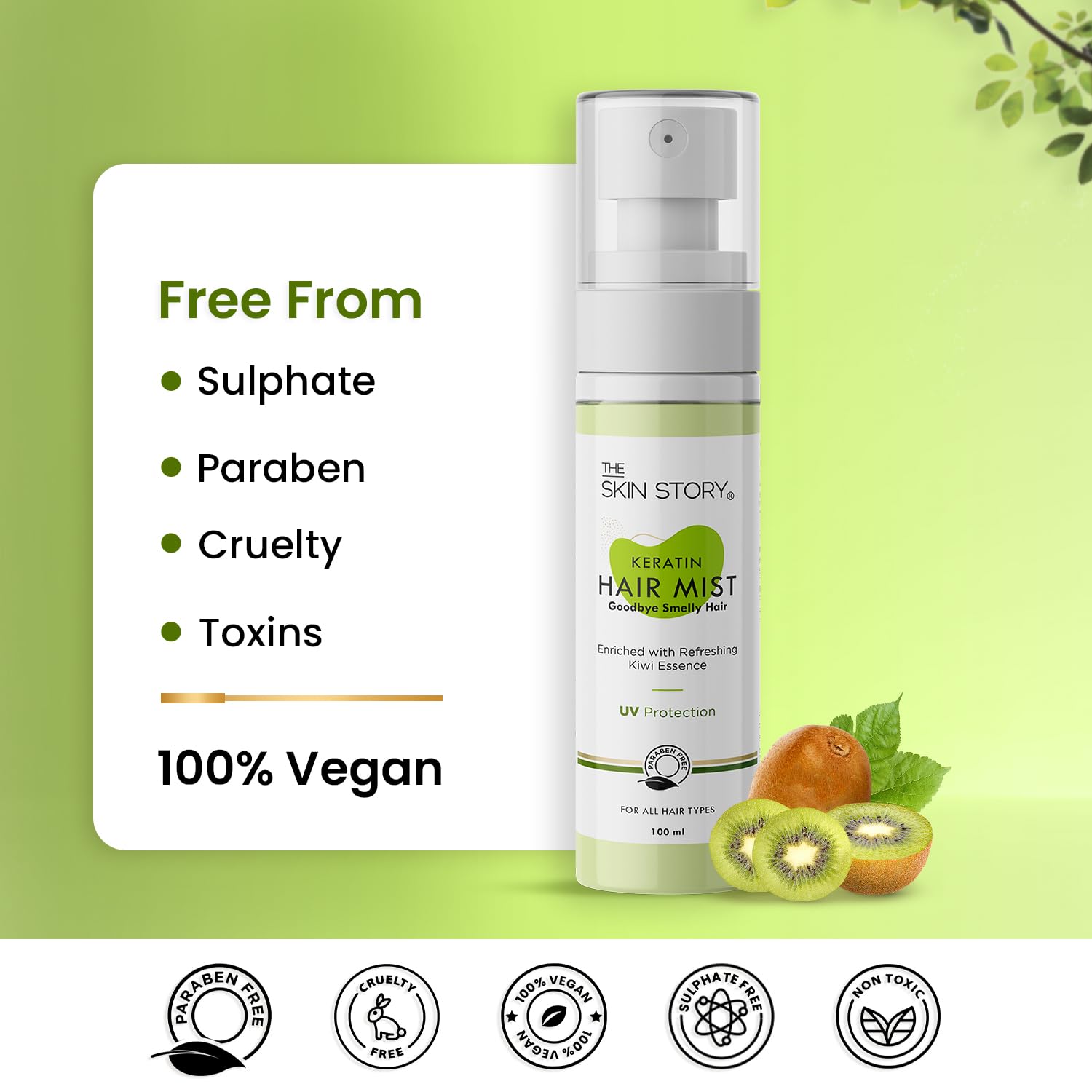 The Skin Story Hair Mist Spray - UV Protection, Frizz Control & Hydrating Hair Perfume with Keratin, Kiwi & Olive Oil | Paraben-Free 100ml | Perfect for Daily Styling, Travel & Heat Protection