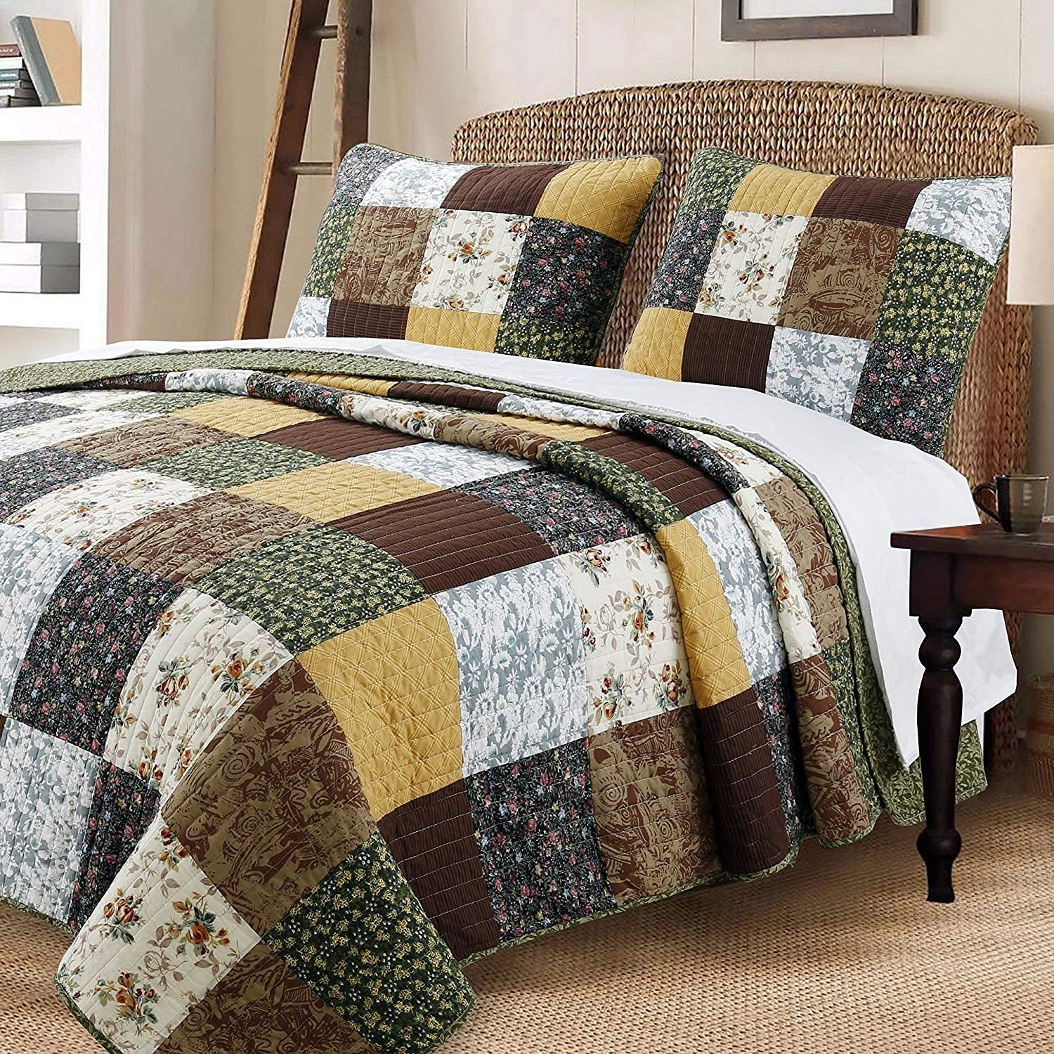 Cozy Line Andy Patchwork 3-Piece Reversible Cotton Quilt Set Queen Size - Soft Bedding for All Seasons | Perfect for Master Bedroom, Guest Room & Dorm Decor