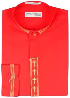 DANIEL ELLISSA CROSS EMBO BANDED COLLAR DS2005C Red Women's Fashion Blouse - Elegant Embroidered Top for Office, Party & Special Occasions