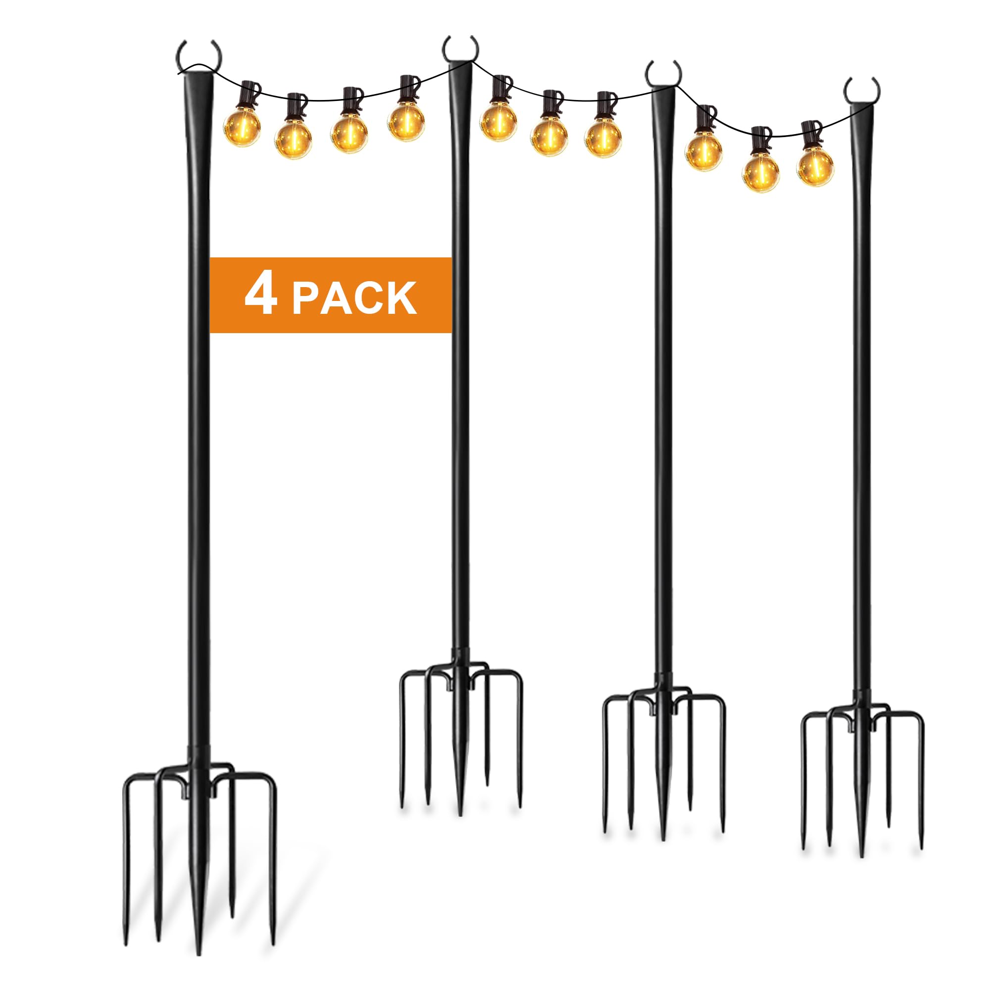 4 Pack Heavy Duty Metal String Light Poles for Outdoor Use - Thickened Rust-Resistant Hanging Post with Fork for Patio, Garden, Backyard & Porch Decor | Perfect for Wedding, Party, and Landscape Lighting