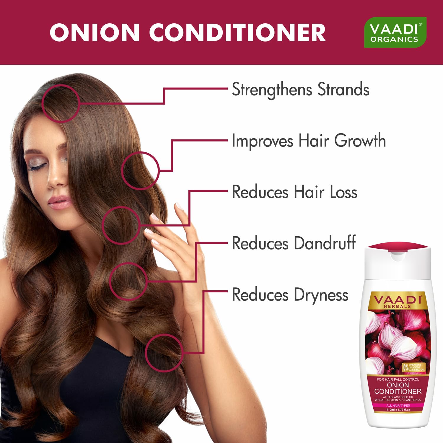 Vaadi Herbals Onion Hair Fall Conditioner for Dry Damaged Hair - Sulfate Free with Onion Extract, Black Seed Oil & Wheat Protein - Deep Hydration for Frizzy Hair - Perfect for Daily Hair Care & Repair (110ml)