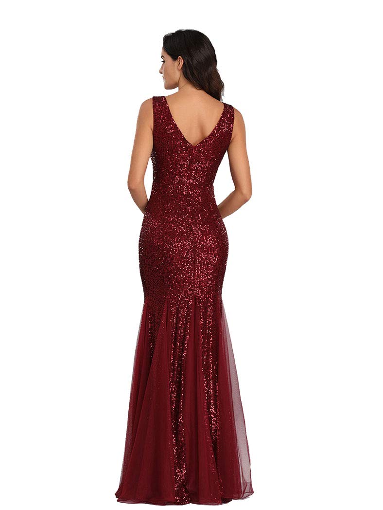 Sparkling Burgundy Sequin Mermaid Prom Dress for Women - Elegant Double V-Neck Sleeveless Formal Gown for Homecoming, Evening Parties & Special Occasions