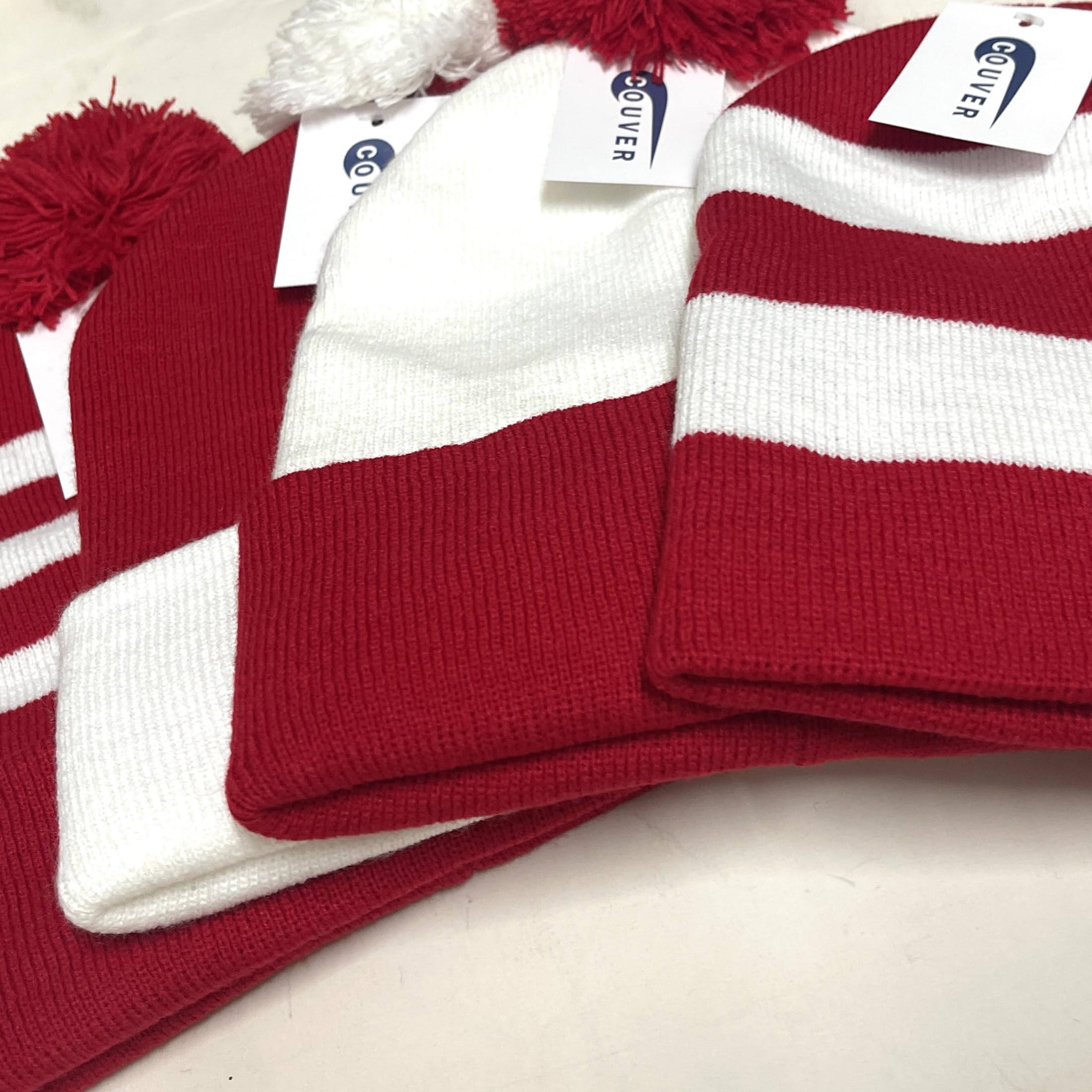 COUVER Unisex Red and White Beanie Hat with Removable Pom Pom - Warm Winter Knit Hat for Men & Women - Perfect for Christmas Costumes, Skiing & Cold Weather Outfits
