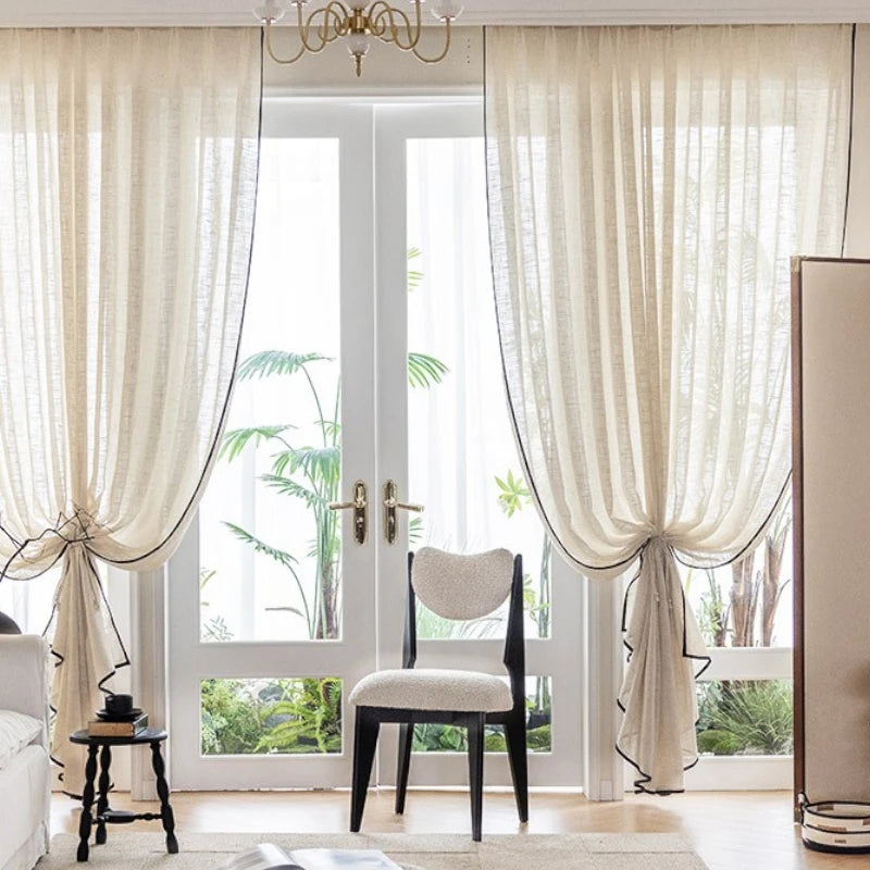 Kalani Linen Semi-Sheer Custom Curtains with Black Trim - Elegant Window Treatments for Living Room, Bedroom & Dining Room