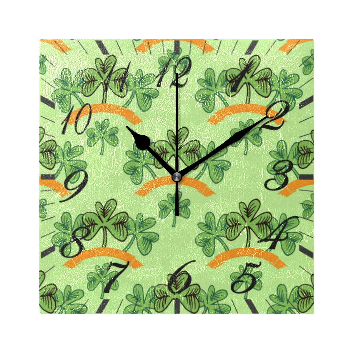 St. Patrick's Day Wall Clock - Silent Non-Ticking Vintage Square Desk Clock with Clover Leaf & Lucky Elf Design - 8 Inch Quartz Analog Battery Operated - Perfect for Bedroom, Living Room, Home Decor & Irish-Themed Parties
