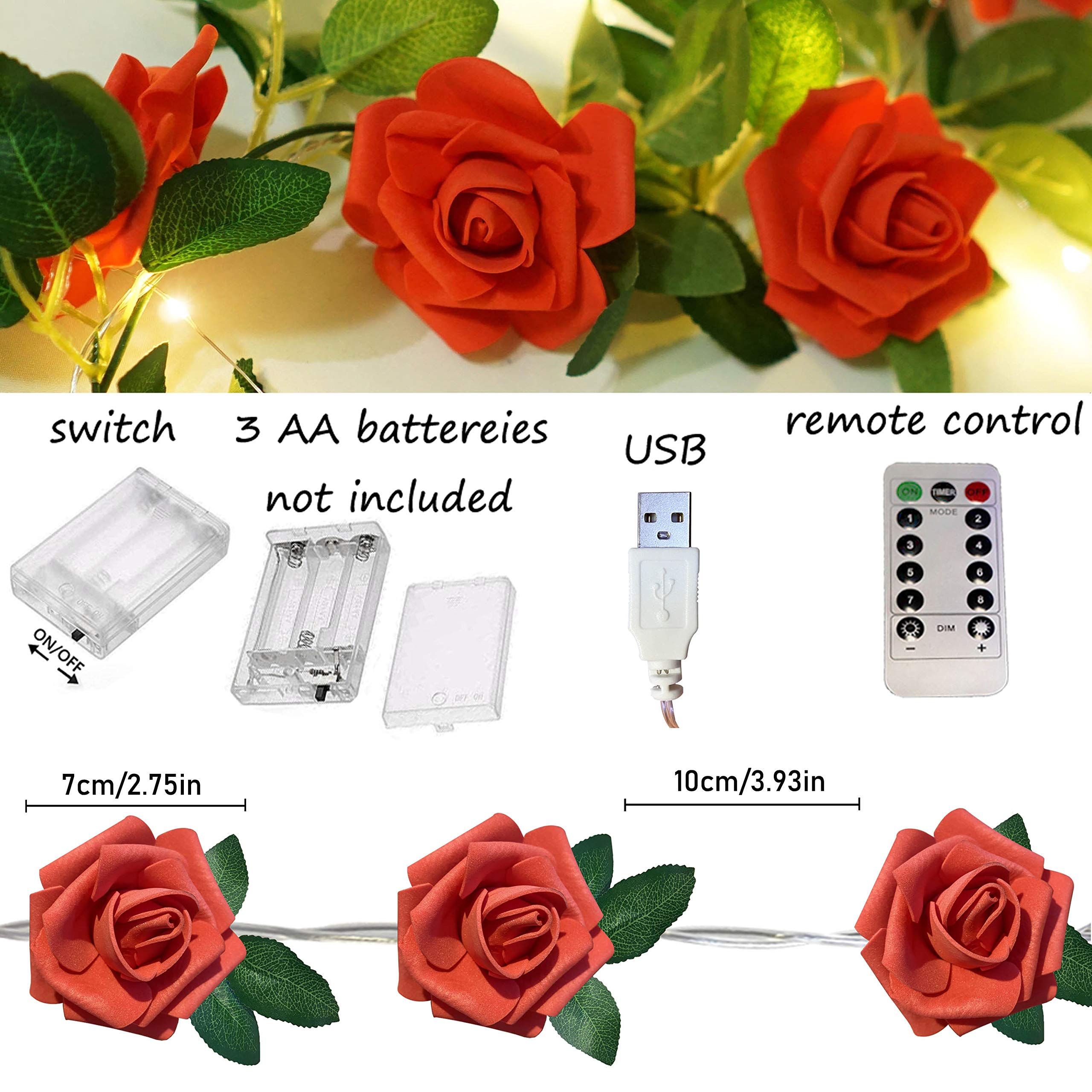 Battery/USB Powered Rose String Lights with Remote - Waterproof Fairy Lights for Bedroom, Christmas, Wedding, Party Decor (Red, 3.3ft) | Romantic Ambiance & Holiday Lighting
