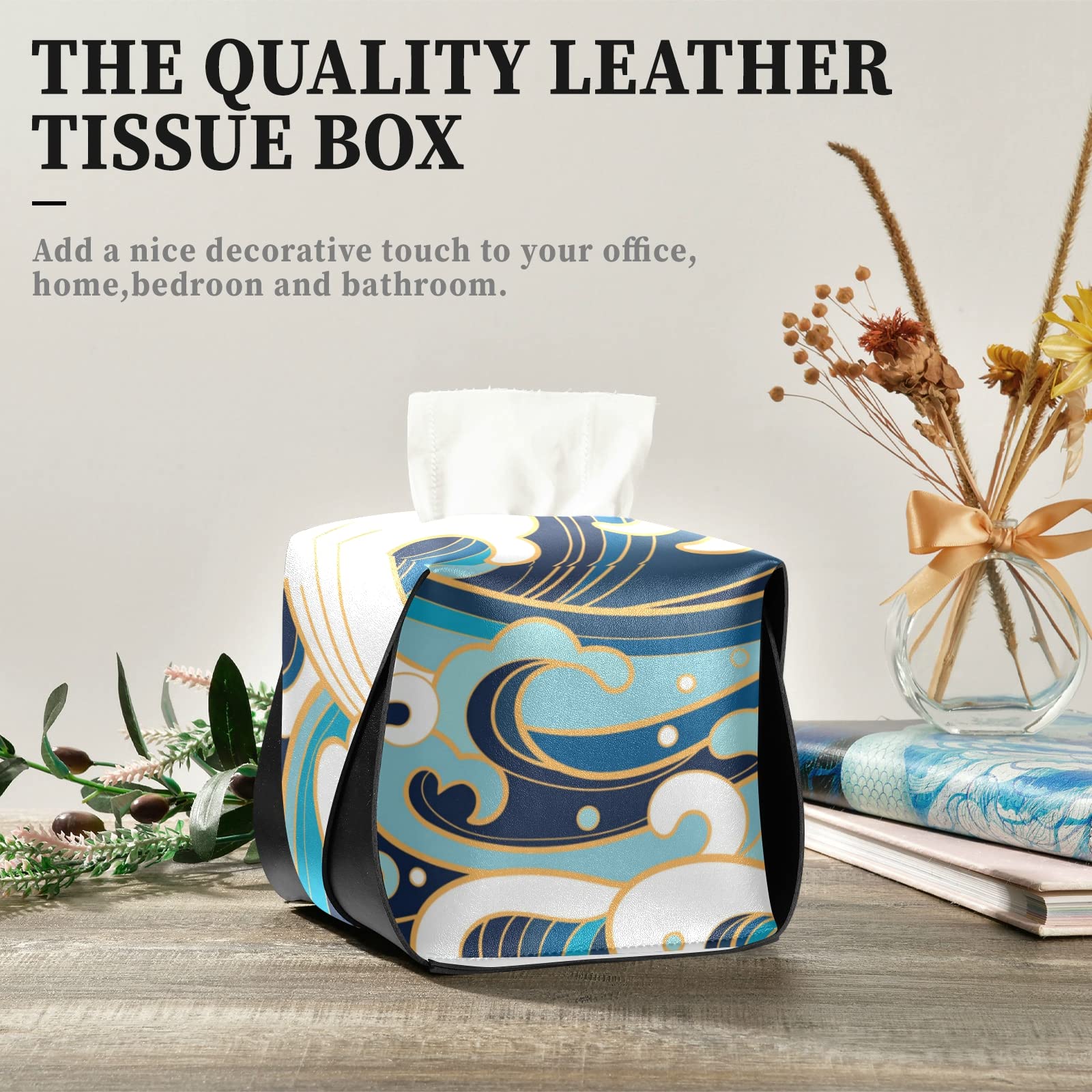 Japanese Traditional Blue White Wave Pattern Leather Tissue Box Cover - 5.7x5.7x5.7 Inch Rectangular Design with Handle for Bathroom, Home, Office & Car | Perfect for Nightstands, Vanity Countertops and Desk Decor
