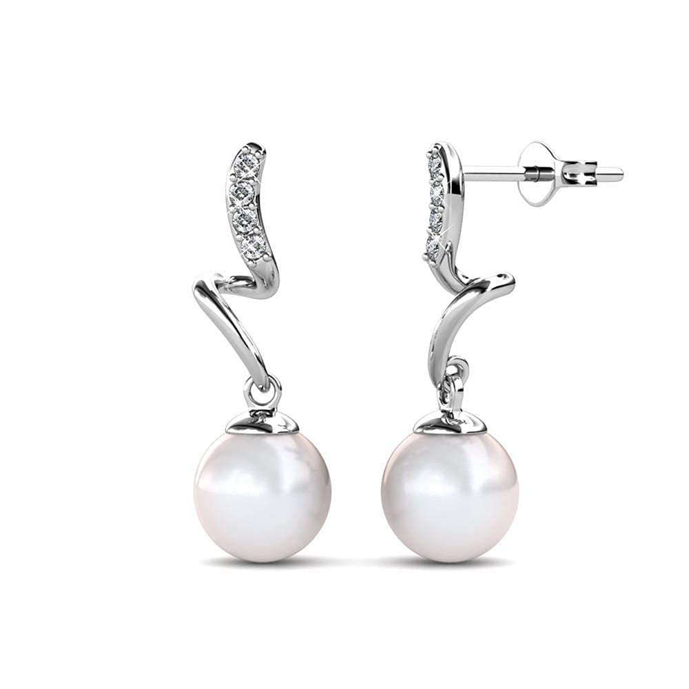 Cate & Chloe Ophelia 18K White Gold Dangle Earrings with Swarovski Crystals & Freshwater Pearl - Elegant Drop Earrings for Women & Girls - Perfect Jewelry Gift for Weddings, Parties & Special Occasions