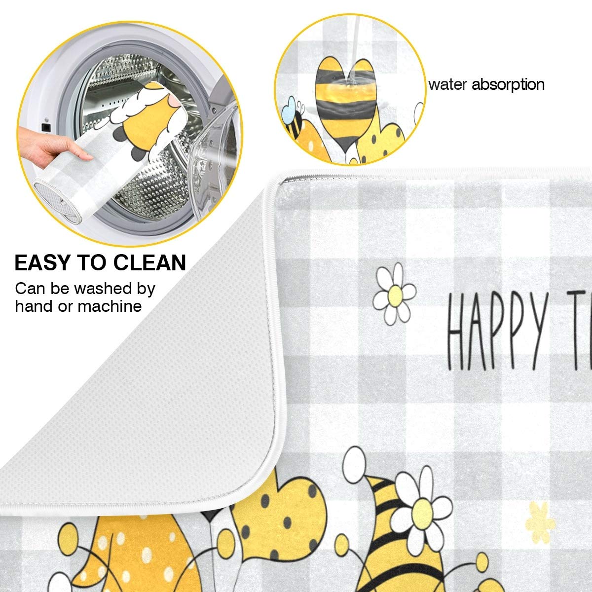 Bees Gnome Microfiber Dish Drying Mat 16x18 - Fast Absorbent Kitchen Counter Mat for Dishes (Grey Buffalo Plaid) - Perfect for Countertop Protection