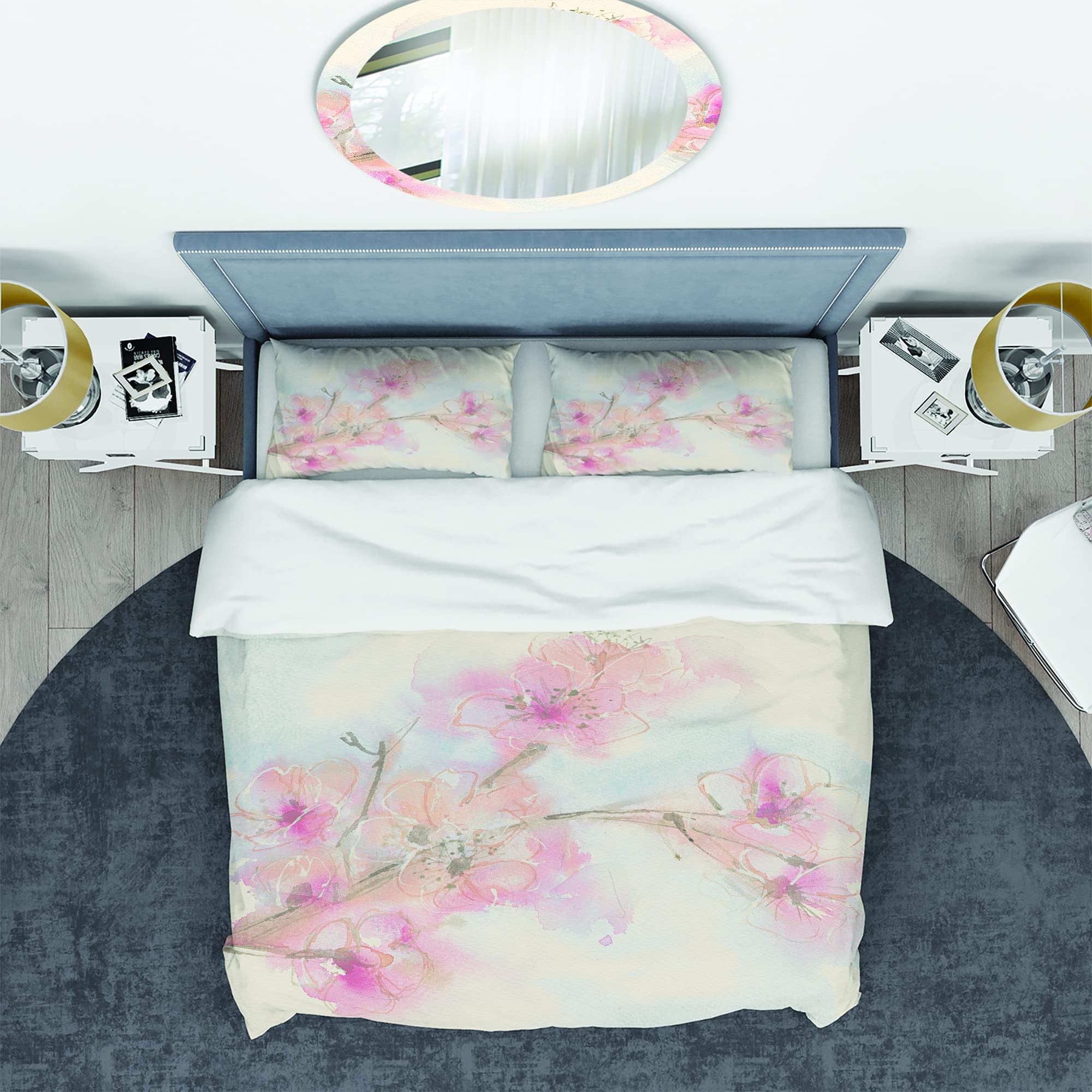 DesignQ Pink Blossoms Branch Shabby Chic Duvet Cover Set - Queen Size Floral Bedding 3-Piece Set for All Seasons | Perfect for Boho Bedroom Decor, Guest Room Makeover & Cozy Farmhouse Style