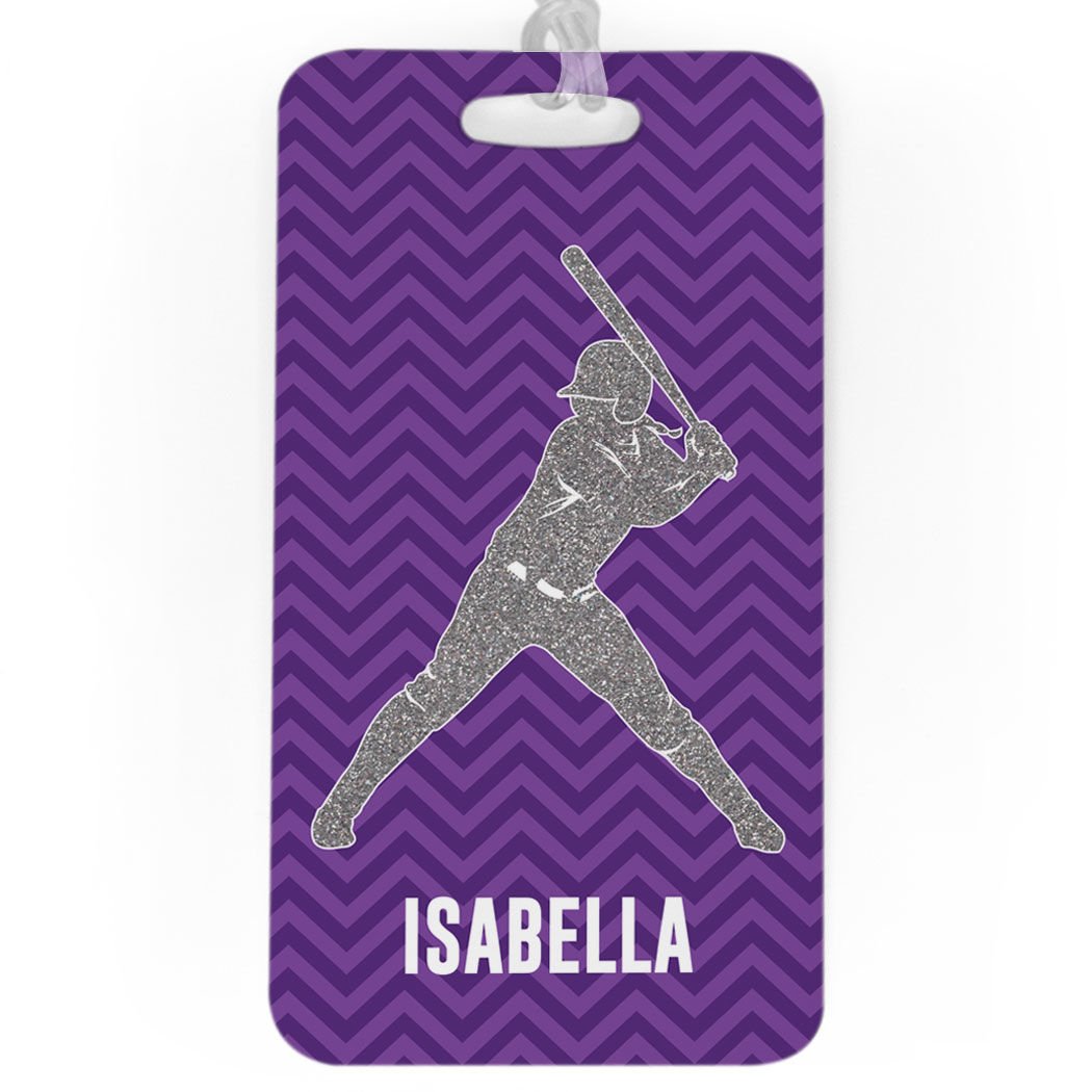 Personalized Purple Faux Glitter Chevron Softball Luggage Tag - Large Size with Standard Lines on Back - Perfect for Travel, Sports Teams, and Gift Giving