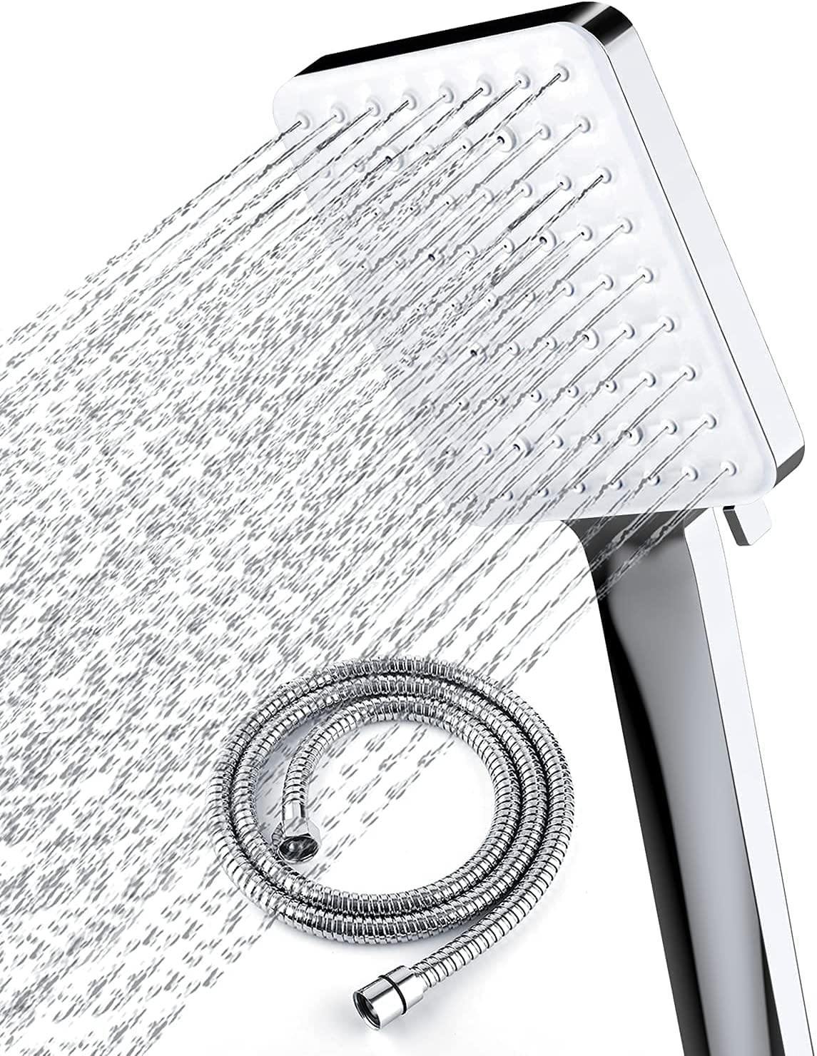 Newentor High Pressure Shower Head with 6 Spray Modes - Detachable Square Shower Head with Stainless Steel Hose & Adjustable Stand - Chrome Finish for Bathroom, Spa & RV Use
