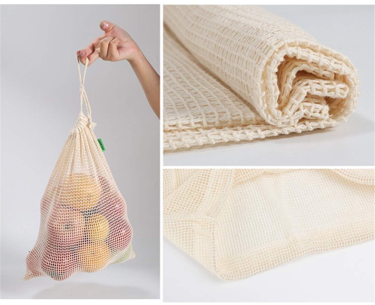 Eco-Friendly Reusable Shopping Bags Set - 4 Pack (1 Cotton Canvas Bag + 3 Mesh Bags) - 100% Organic Cotton, Washable & Durable for Groceries, Beach & Farmers Market